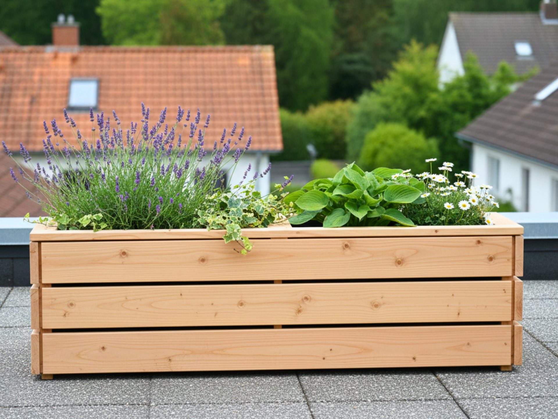 Pflanzkasten Classic 2M aus Douglasie für Urban Gardening auf Balkon oder Dachterrasse, mit zwei Pflanzeinsätzen.