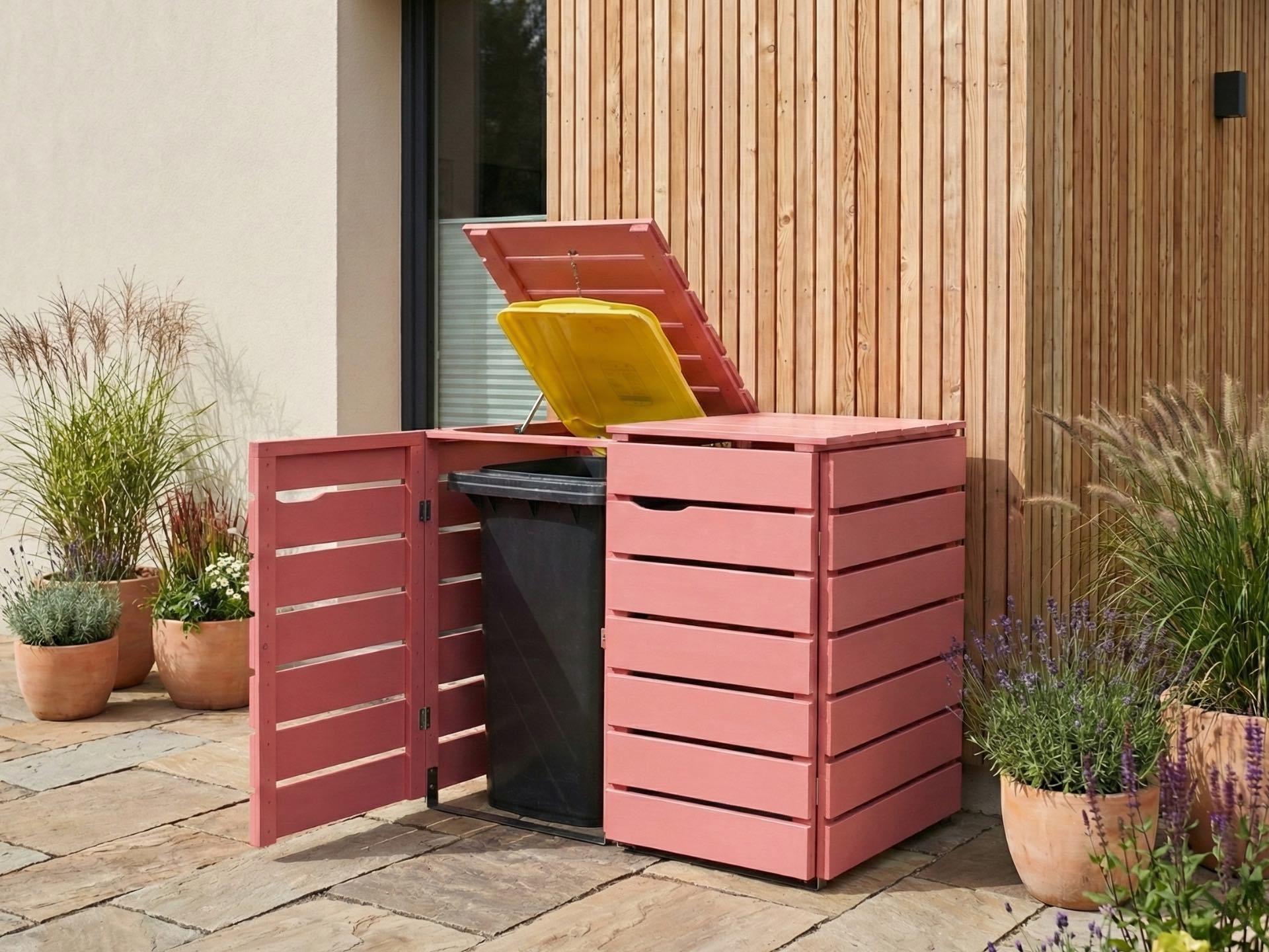 2er Mülltonnenbox 240 L in Altrosa (RAL 3014) als farblicher Akzent für eine moderne Außengestaltung.