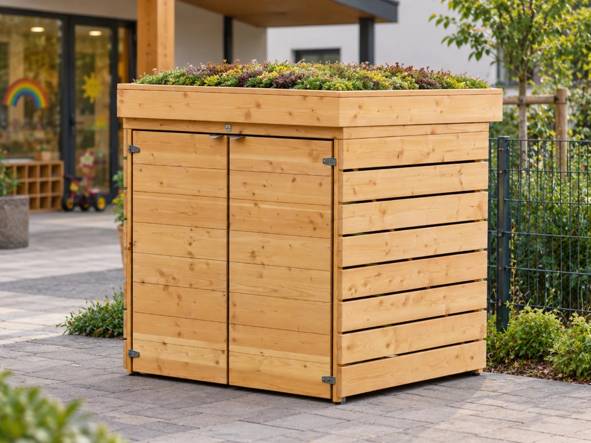 Kinderwagenbox mit bepflanztem Gründach als Stauraumlösung für Kitas, Wohnanlagen und Objektbereiche.