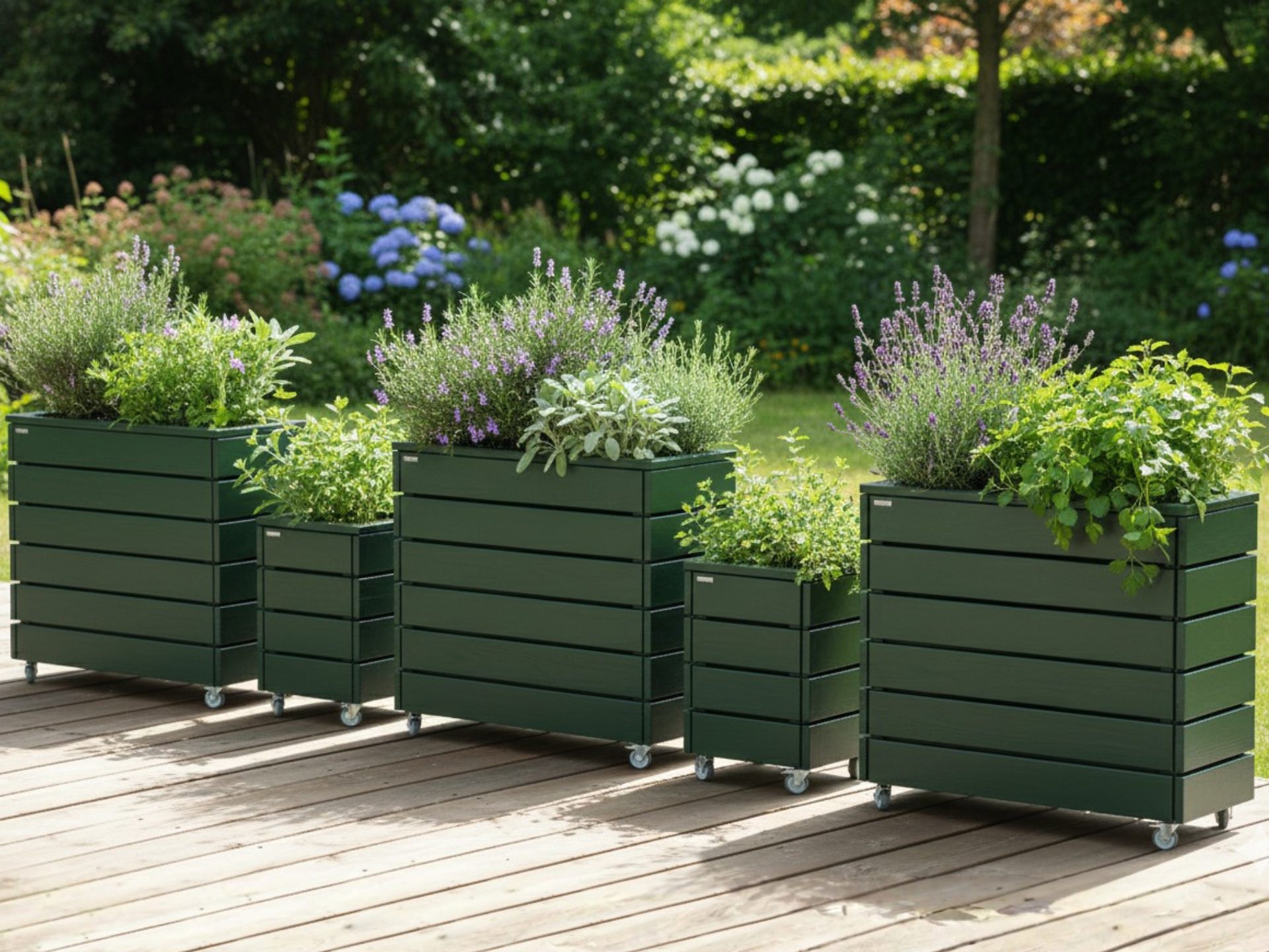 Moosgrüne Pflanzkästen Classic L und Pflanzkübeln Classic XS in wechselnden Höhen als Sichtschutz oder Terrassentrenner.