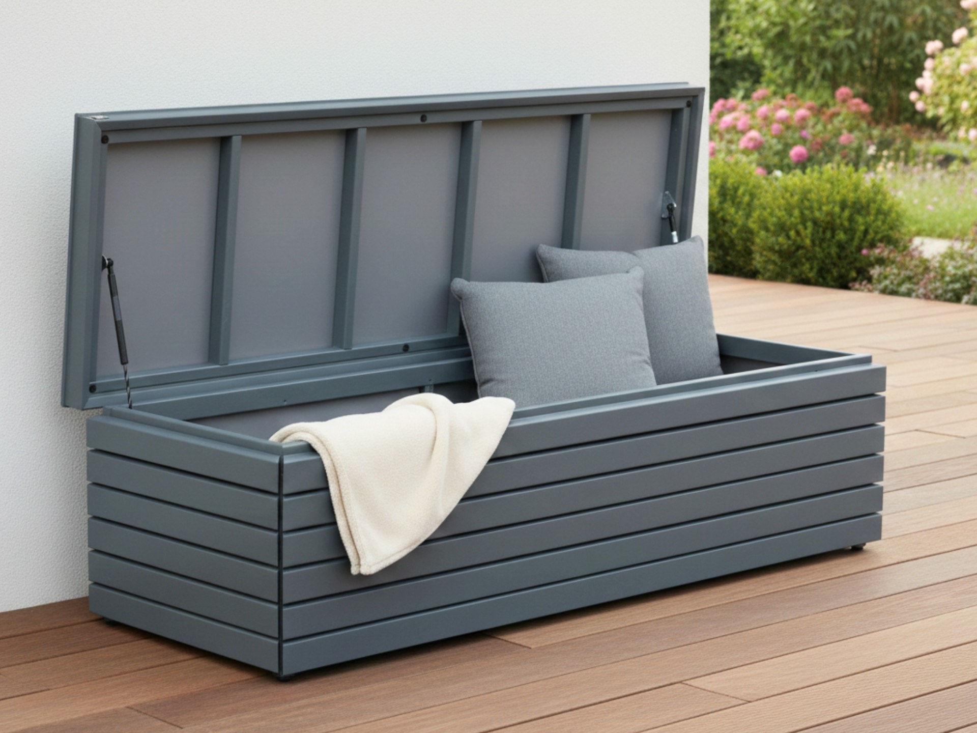 Große Gartenbox Rhombus 195 in Basaltgrau als wetterfeste Auflagenbox und Kissenbox für den Außenbereich.