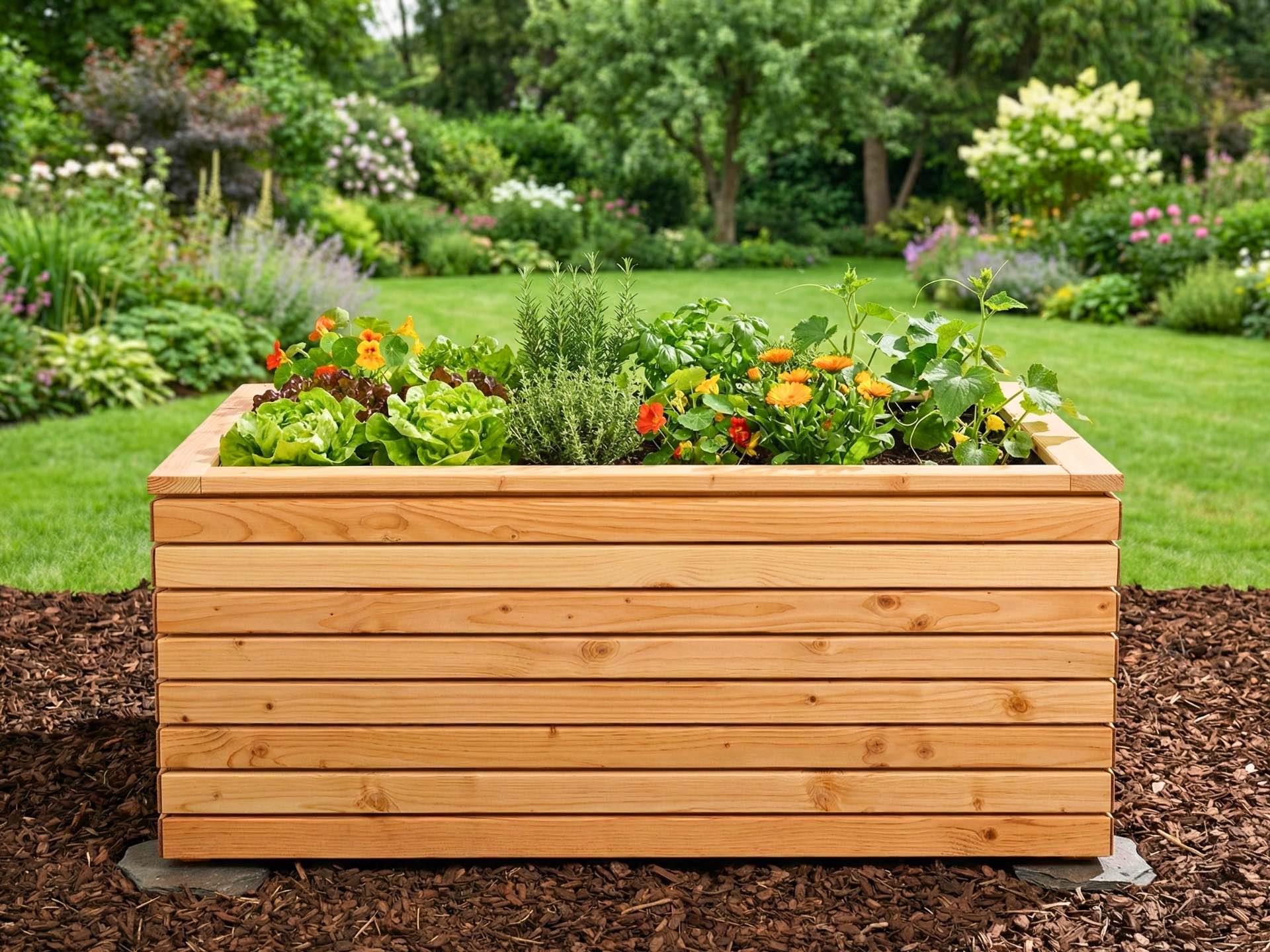 Hochbeet Rhombus aus natur geöltem Holz für Gemüse- und Kräuteranbau mit viel Platz und komfortabler Arbeitshöhe.