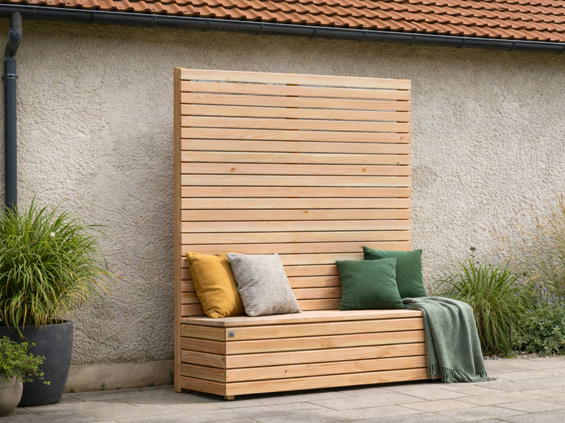 Sitzbank Rhombus aus Douglasie mit hohem Sichtschutz A10 zur Kaschierung alter Wände, 200 cm hoch.