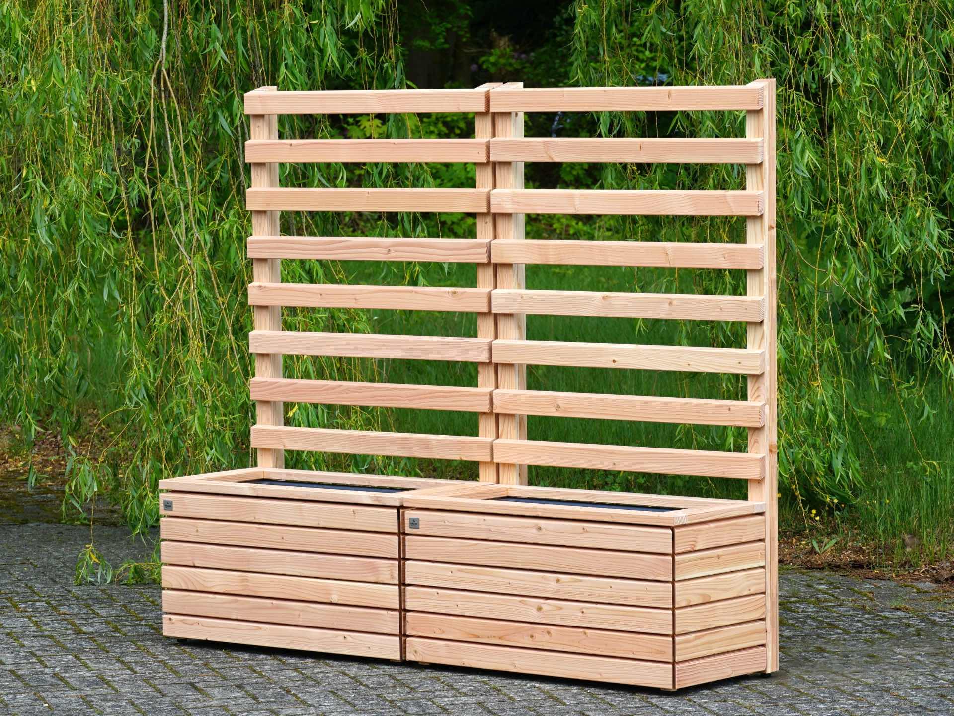 2er Set Pflanzkasten M Rhombus mit Rankgitter in Natur – wetterfestes Holz für Balkon und Terrasse – Gesamtansicht