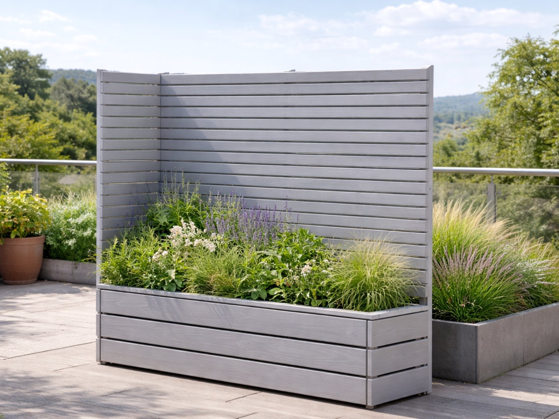Pflanzkasten Classic 2L in Grau geölt mit Eck-Sichtschutz A10 zur Abgrenzung von Balkon- und Terrassenbereichen.