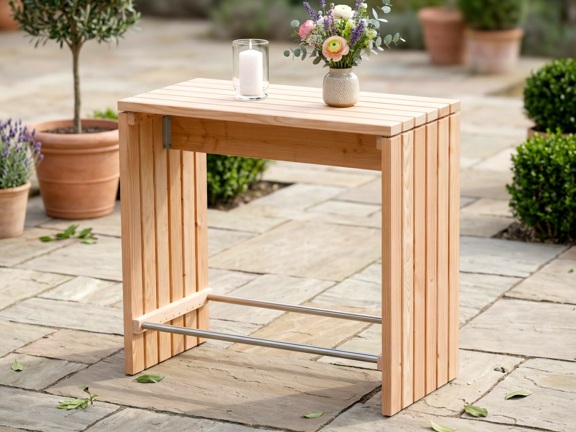 Stehtisch aus naturbelassener Douglasie 120 × 60 × 110 cm für Gastronomie, Events und gewerbliche Außenbereiche.