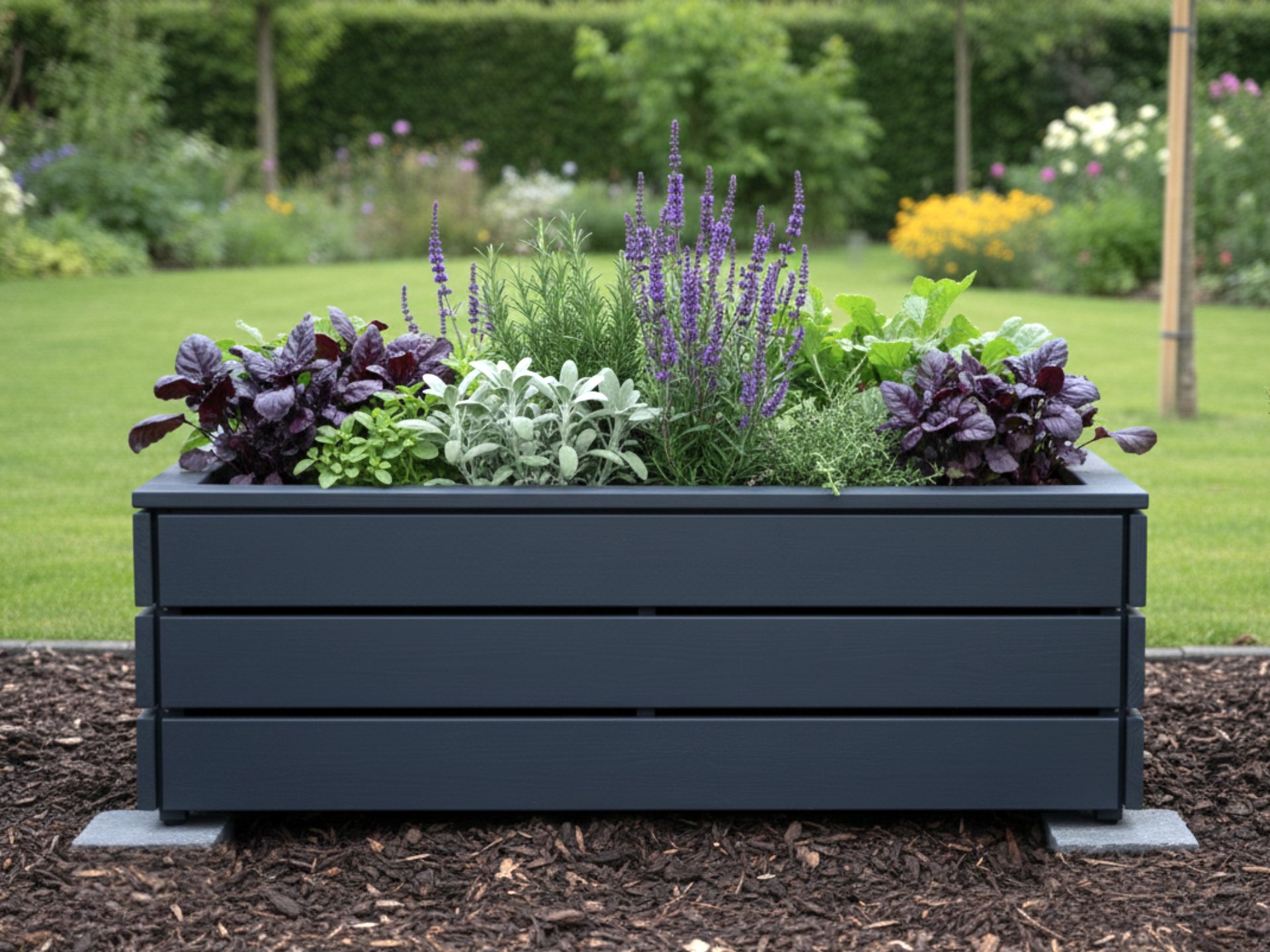 Anthrazitfarbenes Hochbeet Classic 150×85×51 cm, ideal für einen Mix aus Gemüse und Kräutern, inklusive Pflanzfolie.