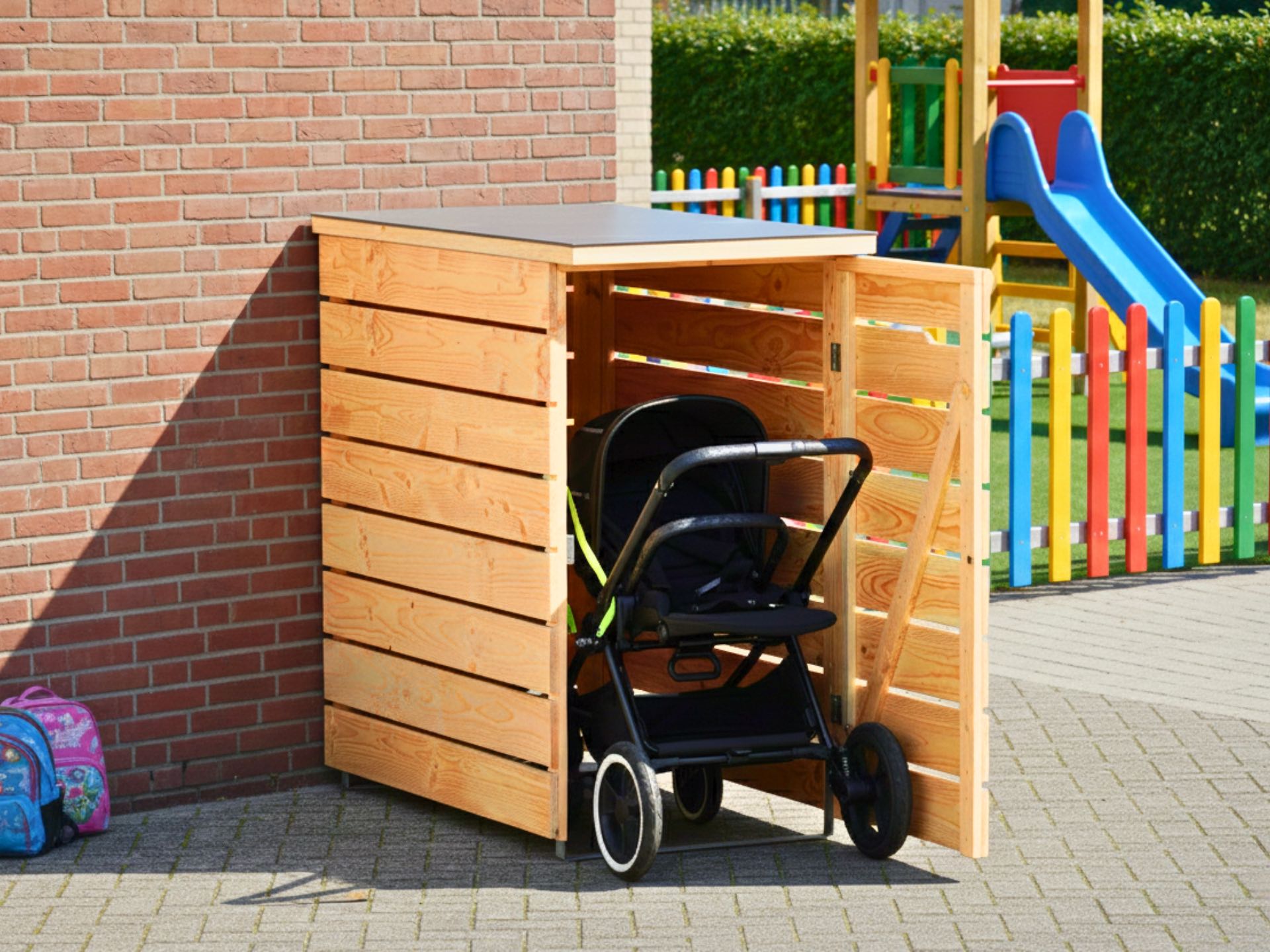 Kinderwagenbox 1er Classic in Natur mit Dach in HPL Outdoorplatte