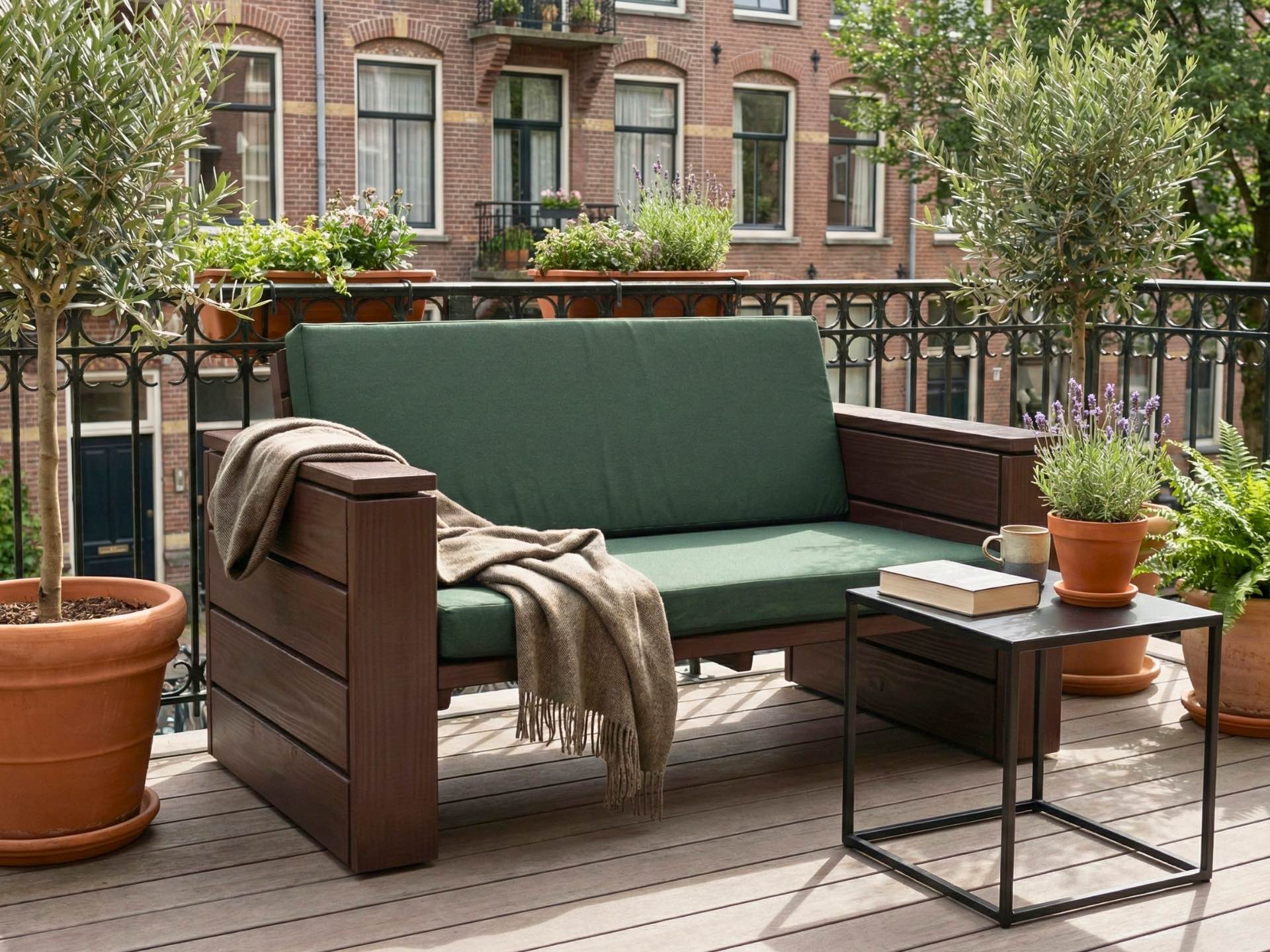 Dunkelbraunes Holz Zweisitzer-Sofa mit dunkelgrünen Polstern auf gemütlichem Balkon.