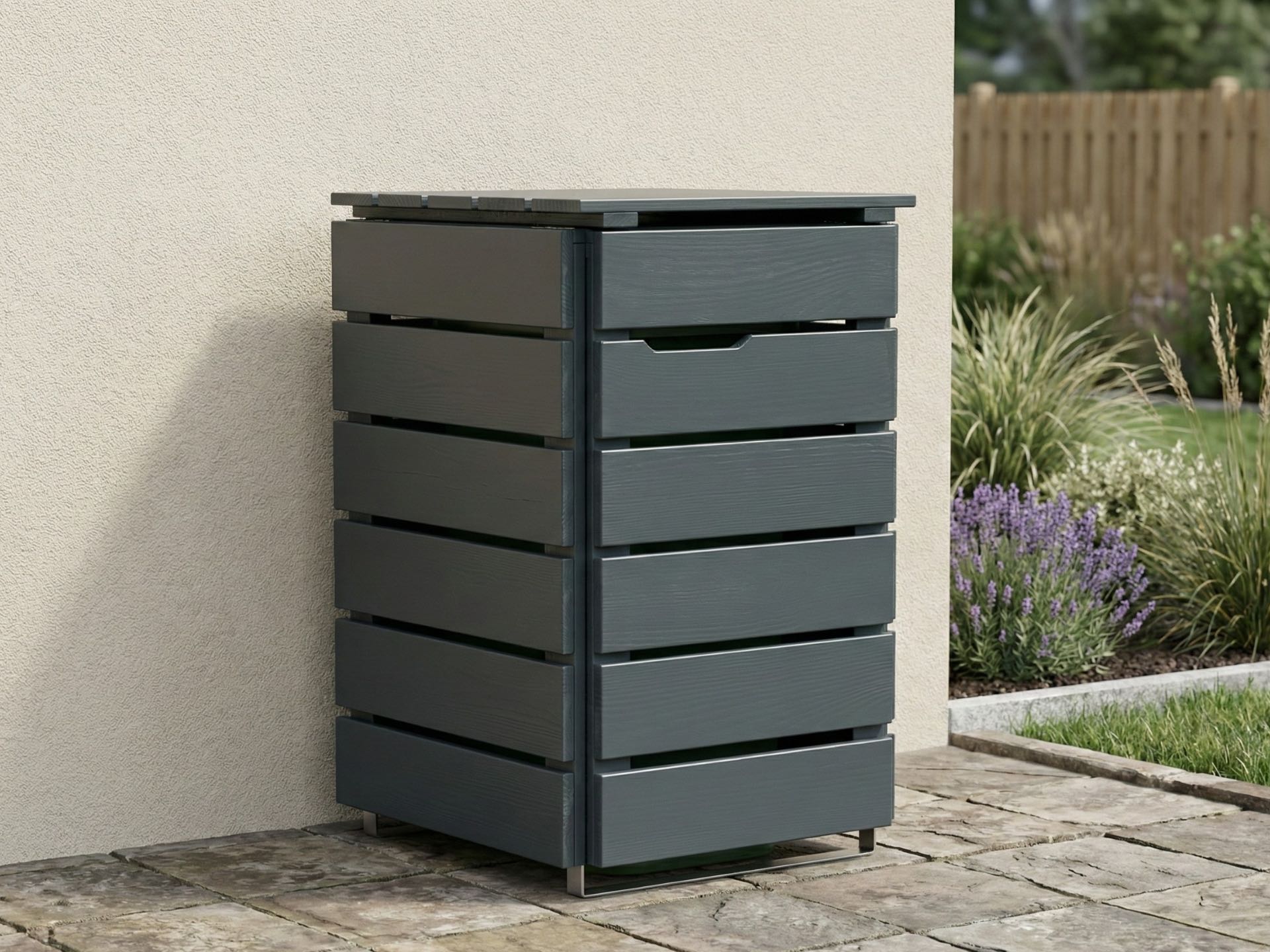 1er Mülltonnenbox 120 L in Anthrazit für Vorgarten und Einfahrt, komplett montiert und vielseitig nutzbar.