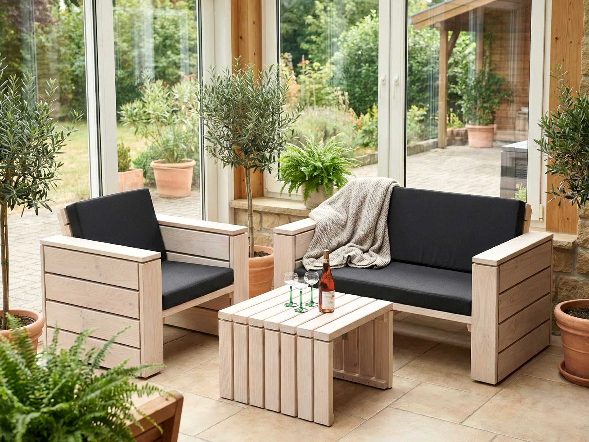 Kompaktes Lounge Set aus weiß geöltem Holz mit anthrazitfarbenen Polstern im Wintergarten.