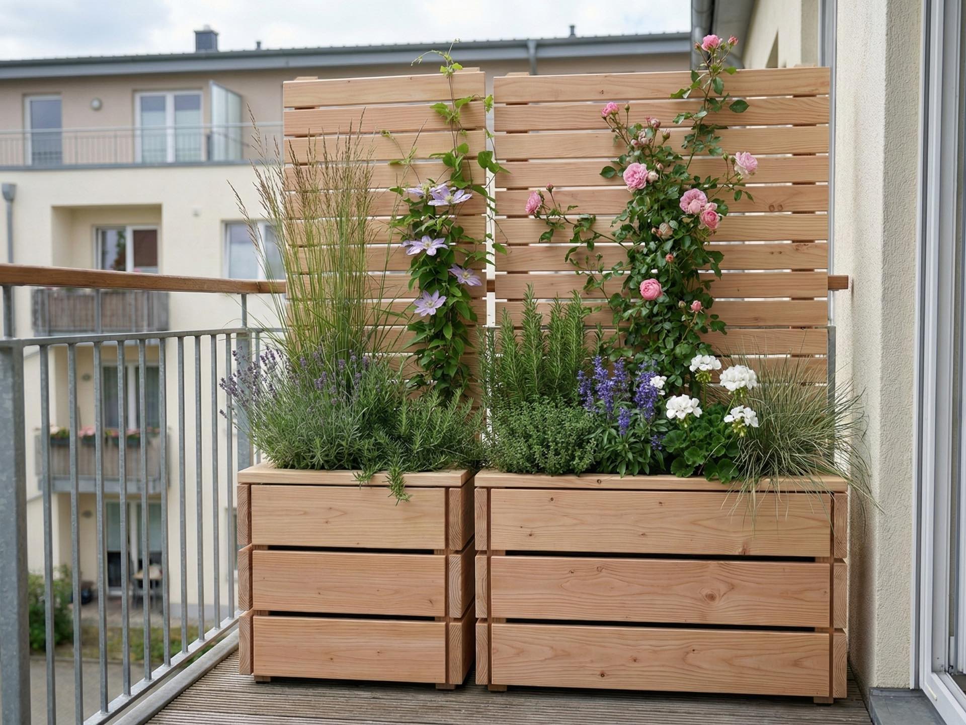 Kübel Classic XS und maßgefertigter Pflanzkasten mit Sichtschutz A10 als flexible Balkonlösung ohne feste Montage.