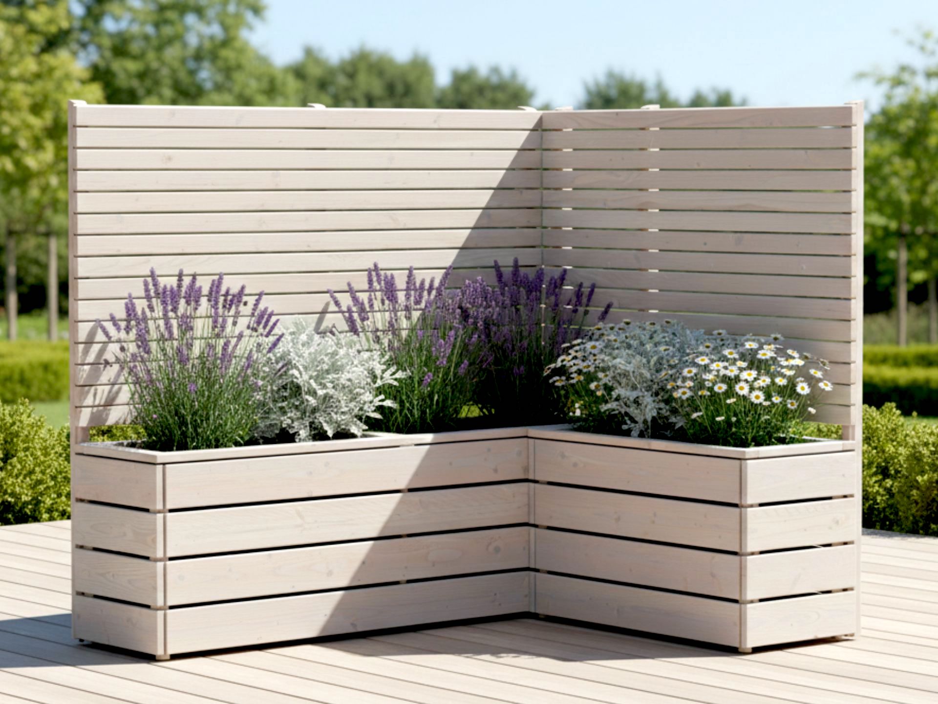 Sichtschutzelement mit Pflanzkasten in Grau Geölt – Gesamtansicht von vorn links mit frischer Bepflanzung