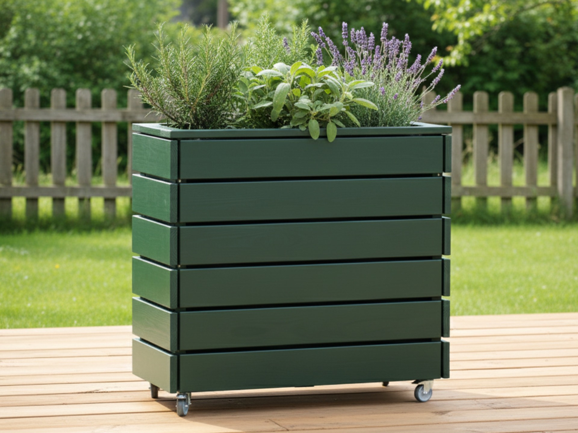 Pflanzkasten Classic L mit Lenkrollen in Moosgrün, bepflanzt mit Kräutern und Erdbeeren, ergonomisch und mobil.