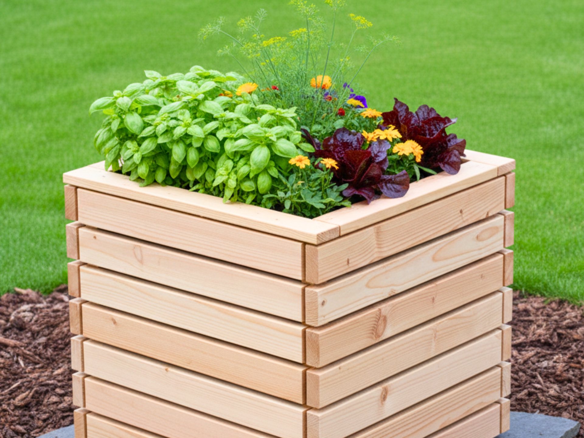 Kompaktes Hochbeet Classic Plus 80×80×65 cm aus Douglasie, ideal für Erdbeeren, Kräuter und einen kleinen Naschgarten.