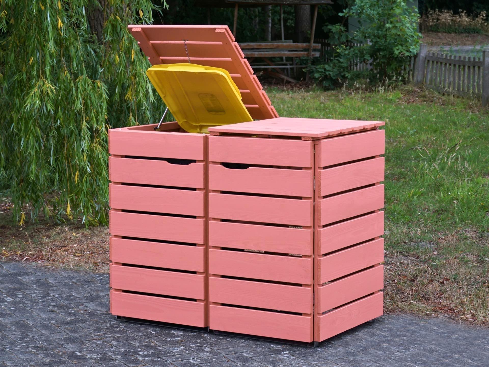 2er Mülltonnenbox 240 L in RAL 3014 Altrosa als Designlösung für moderne Häuser und zeitgemäße Vorgärten.