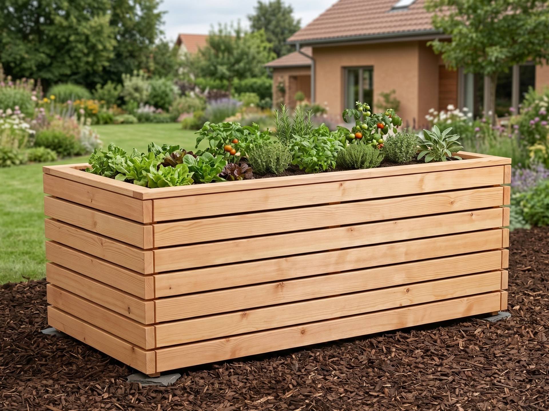 Hochbeet ClassicPlus in Natur Geölt, bepflanzt mit Salat, Kräutern und Gemüse im Garten.
