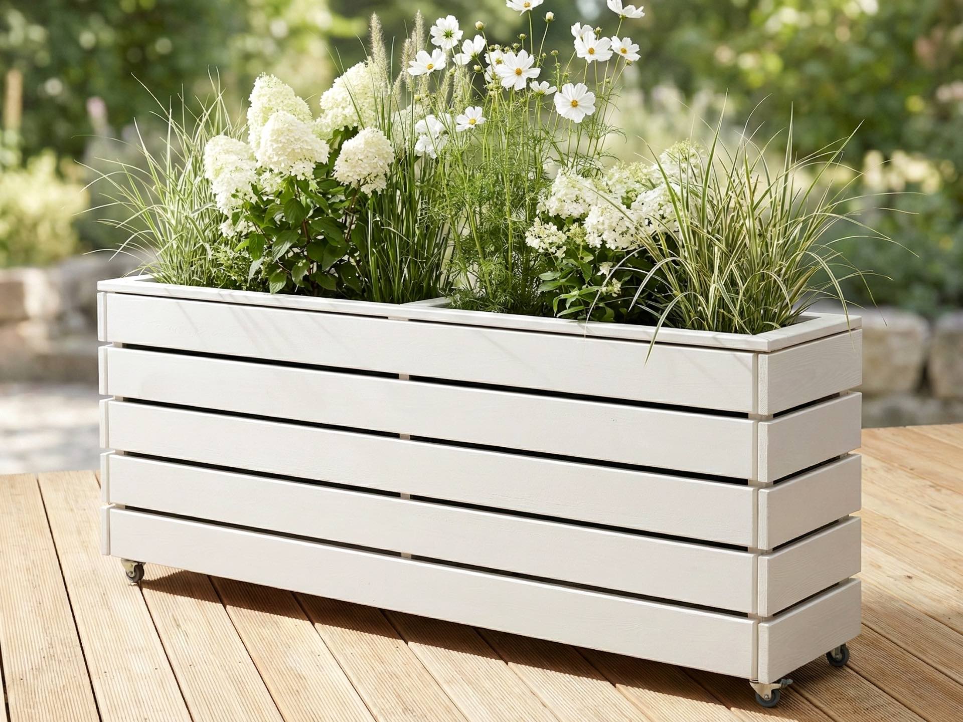 Pflanzkasten Classic 2L in Reinweiß mit Lenkrollen und zwei Pflanzeinsätzen, flexibel einsetzbar auf Terrasse oder Dachterrasse.
