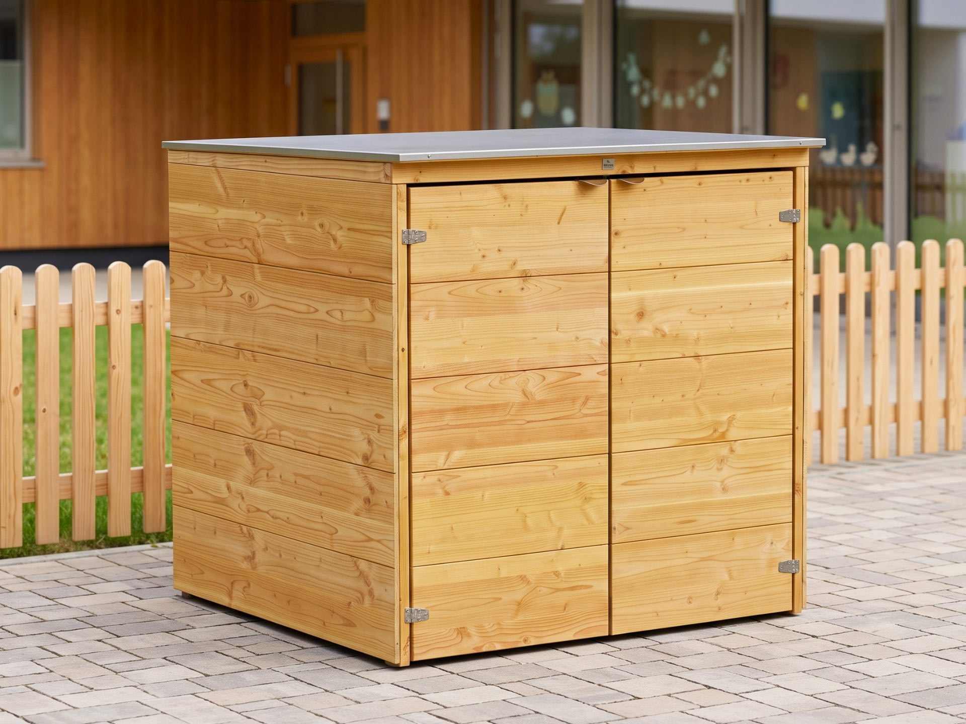 2er Kinderwagenbox Cubus in Natur Geölt mit Edelstahl-Dachverkleidung für Kitas und Wohnanlagen.
