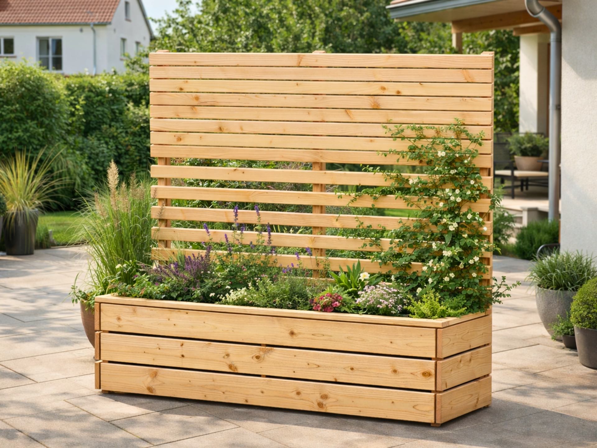 Pflanzkasten Classic 200 in Natur geölt mit Rhombus-Sichtschutz A30/A10, 200 cm breit und 180 cm hoch.