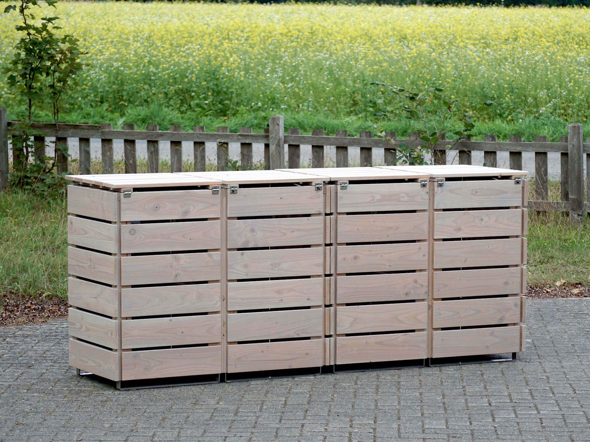 4er Mülltonnenbox in Grau Geölt, Rückseite geschlossen