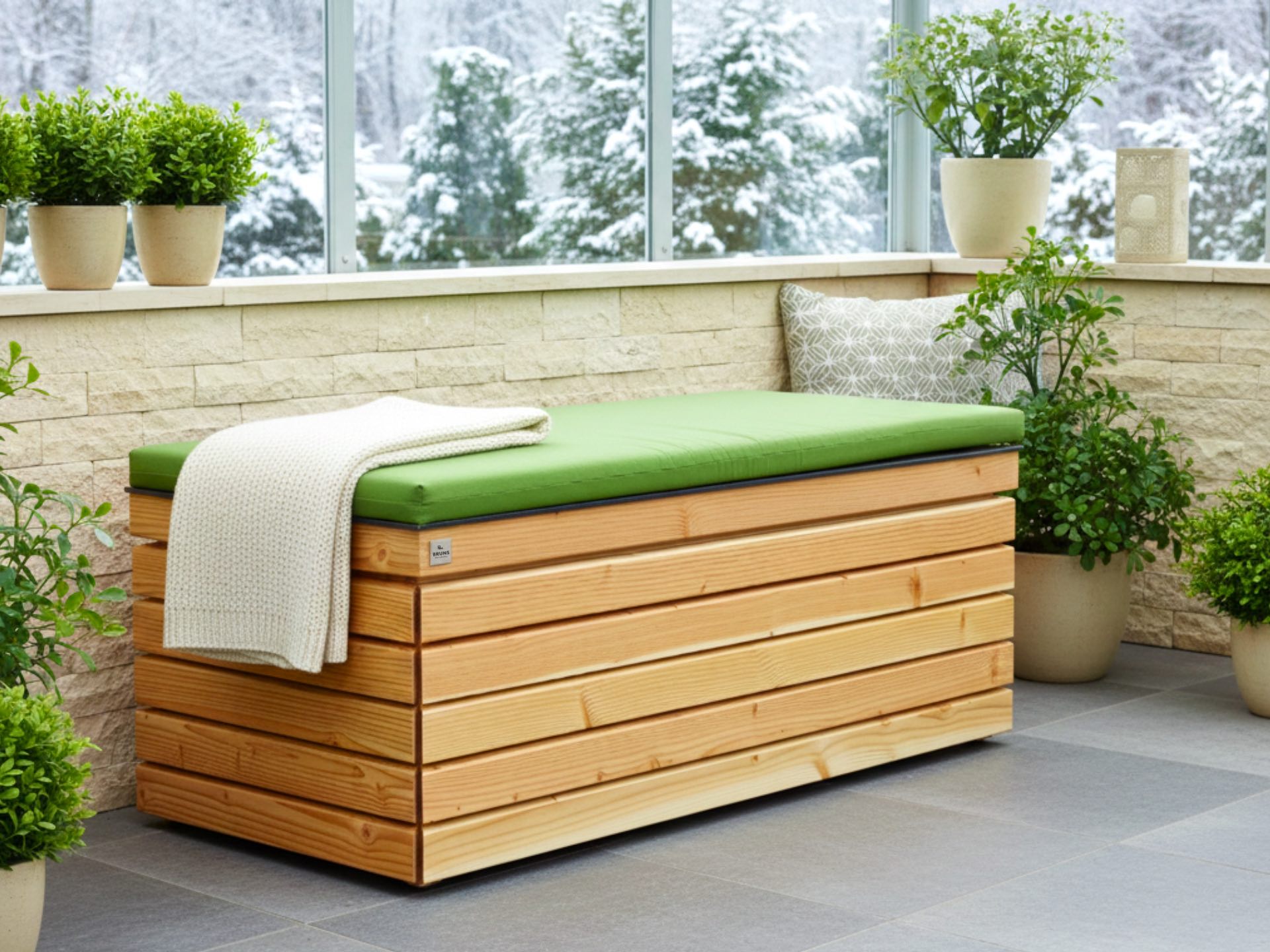 Sitztruhe Rhombus 120 aus geölter Douglasie mit hellgrünem Polster, geeignet für Innen- und Außenbereiche.