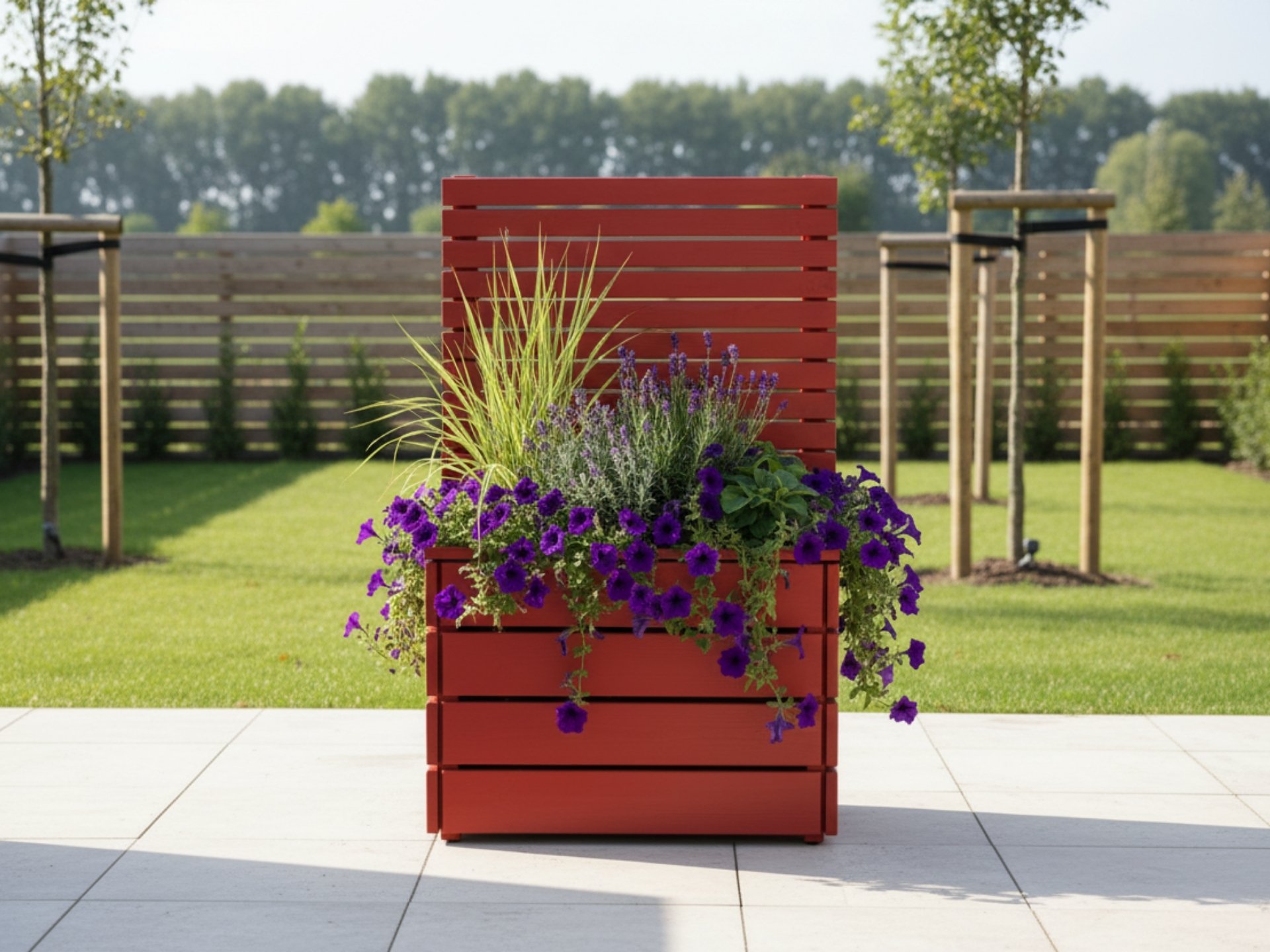 Pflanzkasten Classic M mit Sichtschutz A10 in Skandinavisch Rot, aus Holz gefertigt, farbintensiver Akzent für Garten oder Terrasse.