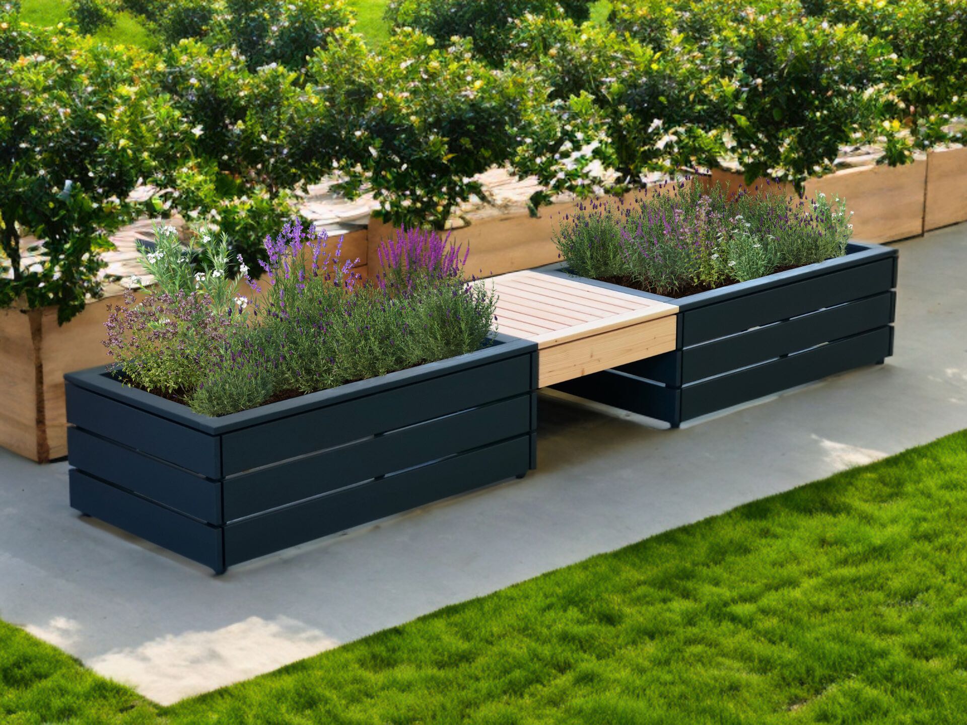 Zwei Hochbeete Classic 150 x 85 x 51 cm in Anthrazit mit Rasenmäher-Garage als Überbau zwischen den Beeten