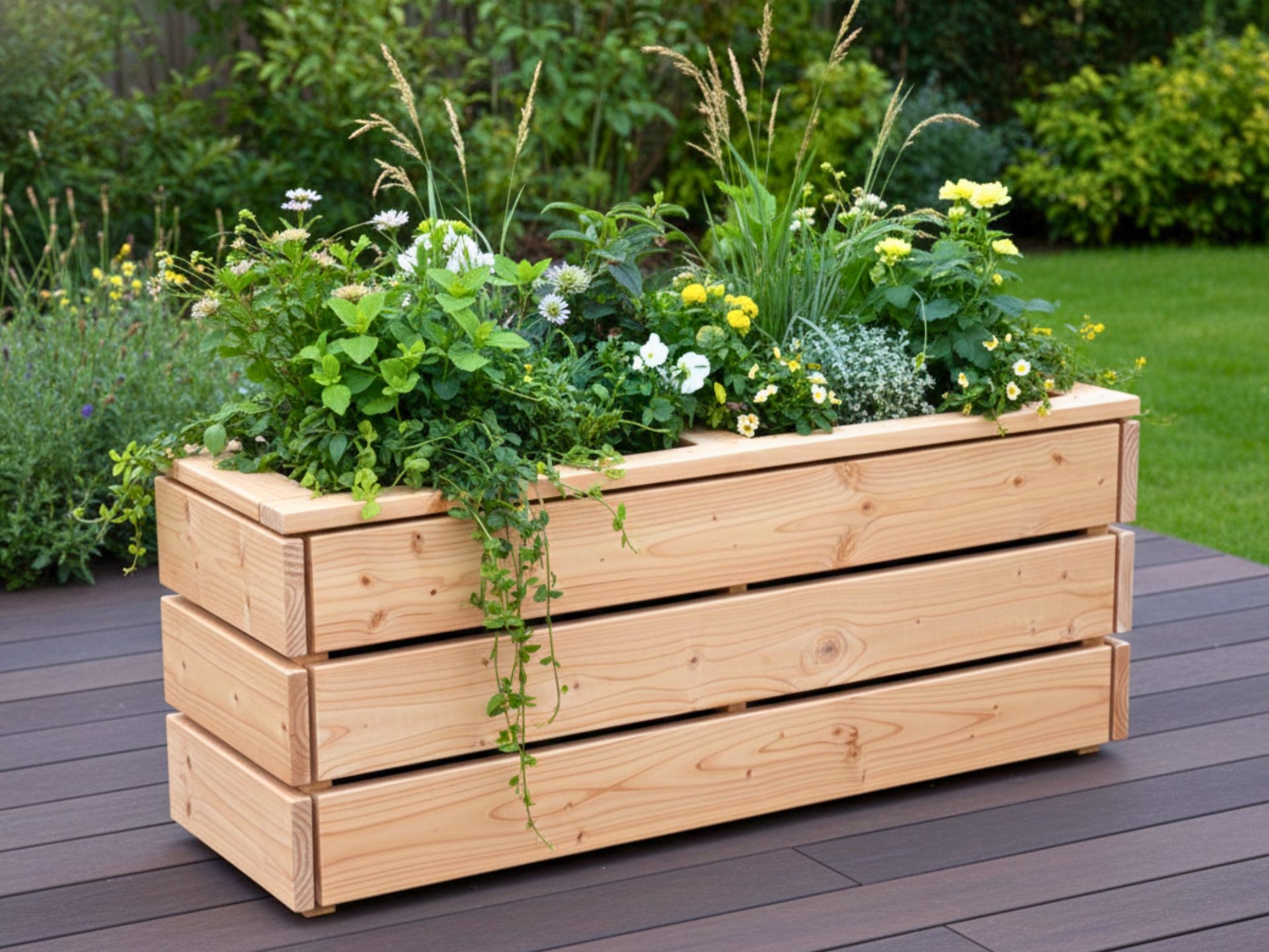Pflanzkasten Classic 2S aus Douglasie als Terrassenumrandung, mit zwei herausnehmbaren Pflanzeinsätzen.