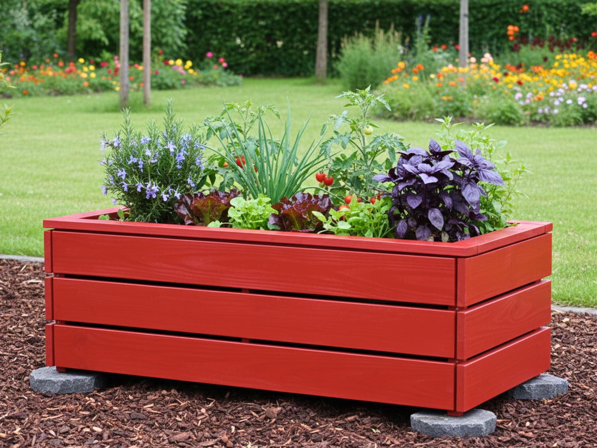 Hochbeet aus Holz in skandinavisch Rot aus wetterfester Douglasie, ideal für Kräuter, Gemüse und Zierpflanzen.