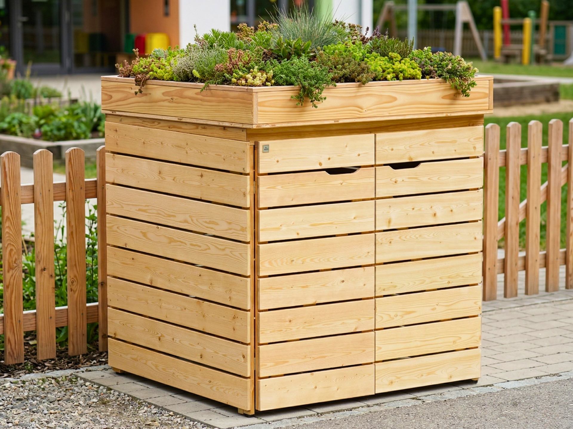 Kinderwagenbox aus Holz mit integriertem Gründach für geschützten Stauraum und begrünte Außenbereiche.