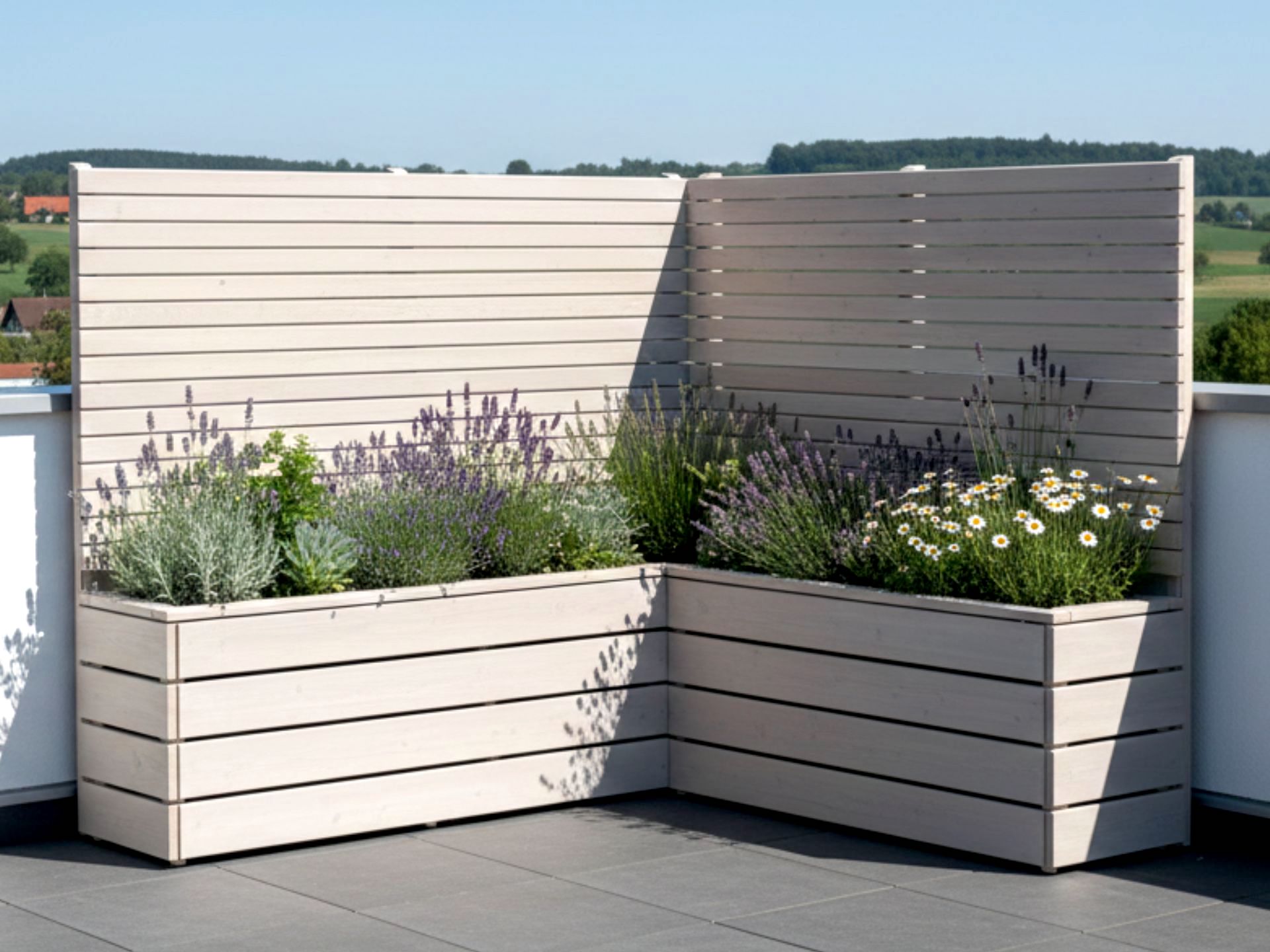Maßgefertigte Pflanzkasten-Ecke mit Sichtschutz in Grau Geölt, ideal für Urban Gardening und Begrünung auf Dachterrassen.