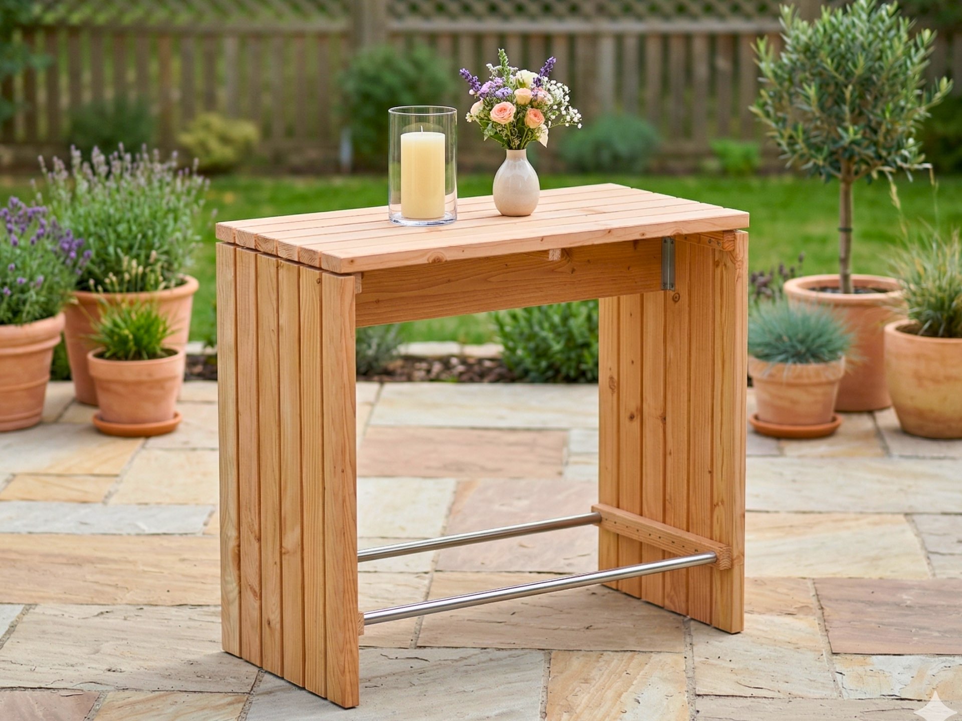 Stehtisch aus Holz Natur Geölt 120 × 70 × 110 cm für Gastronomie, Hotellerie und gewerbliche Außenbereiche.