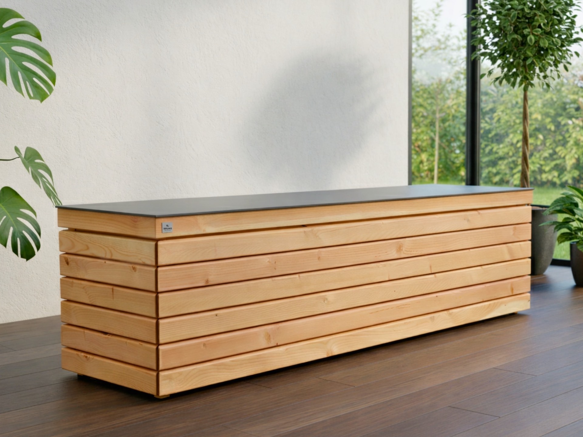 Wetterfeste Gartenbox Rhombus 195 aus Douglasie, nutzbar als Auflagenbox und Sitztruhe für Terrasse oder Garten.