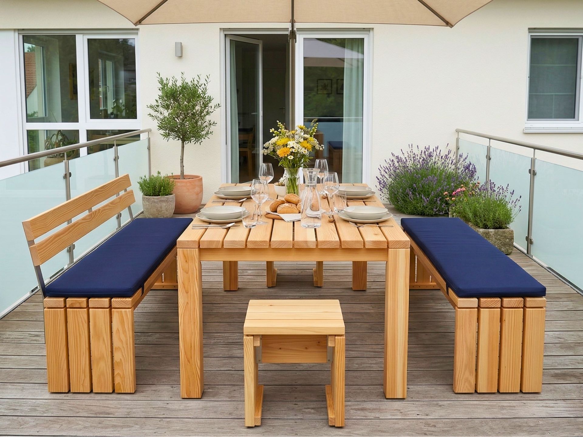 Gartenmöbel Set aus Douglasie mit Tisch, zwei Bänken und Hockern sowie dunkelblauen Polstern auf einem Balkon.