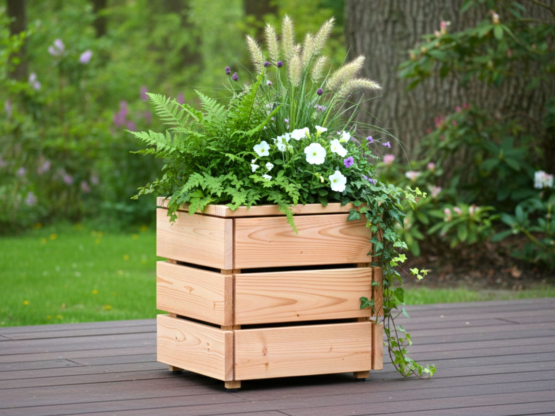 Kleiner Pflanzkübel aus Douglasie mit Kunststoff-Pflanzeinsatz zum Schutz vor Erdfeuchte, ideal für Balkon oder Terrasse.