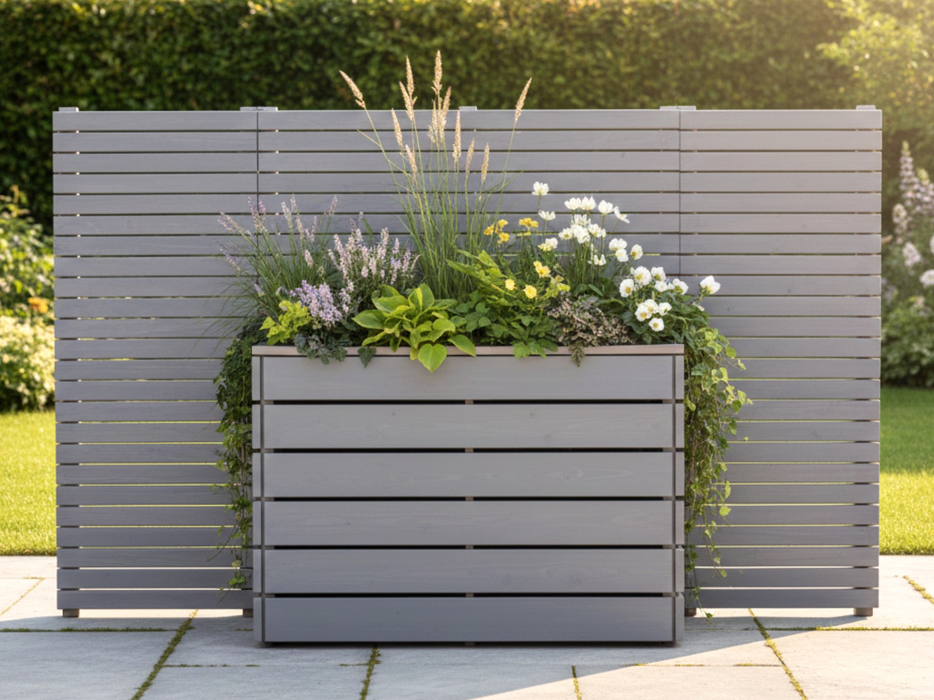 Maßgefertigter Pflanzkasten Classic mit beidseitig verlängertem Sichtschutz in Grau Geölt, 280 cm breit und 180 cm hoch.