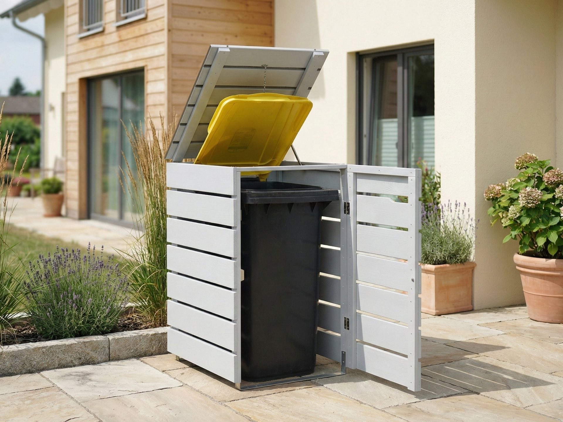 1er Mülltonnenbox Classic 240 L in Lichtgrau mit Edelstahl-Deckel für eine moderne und ordentliche Außengestaltung.