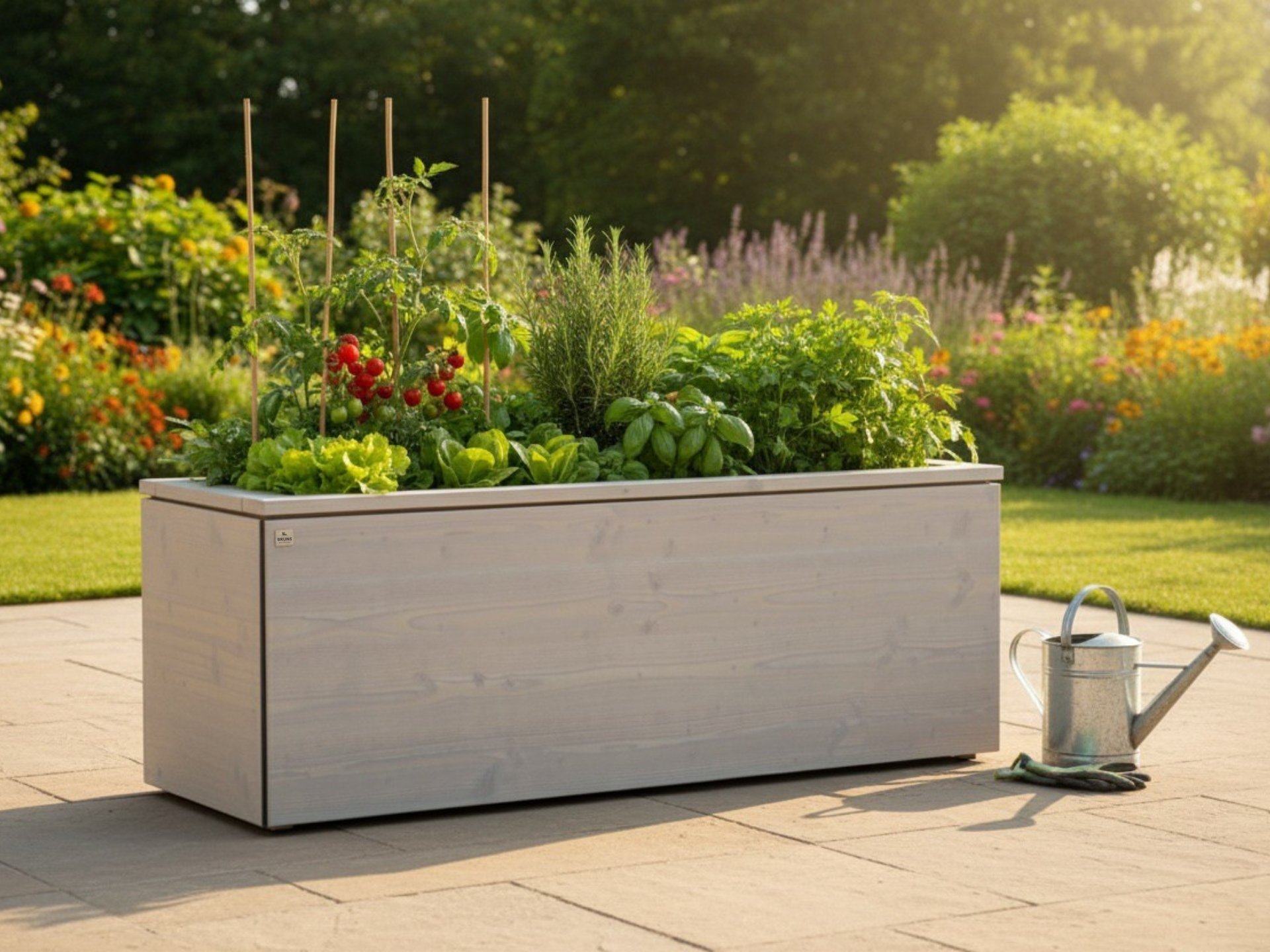 Pflanzkasten Cubus 170×50×58 cm aus glatter Douglasien-Dreischichtplatte in Grau geölt, ideal als Hochbeet.