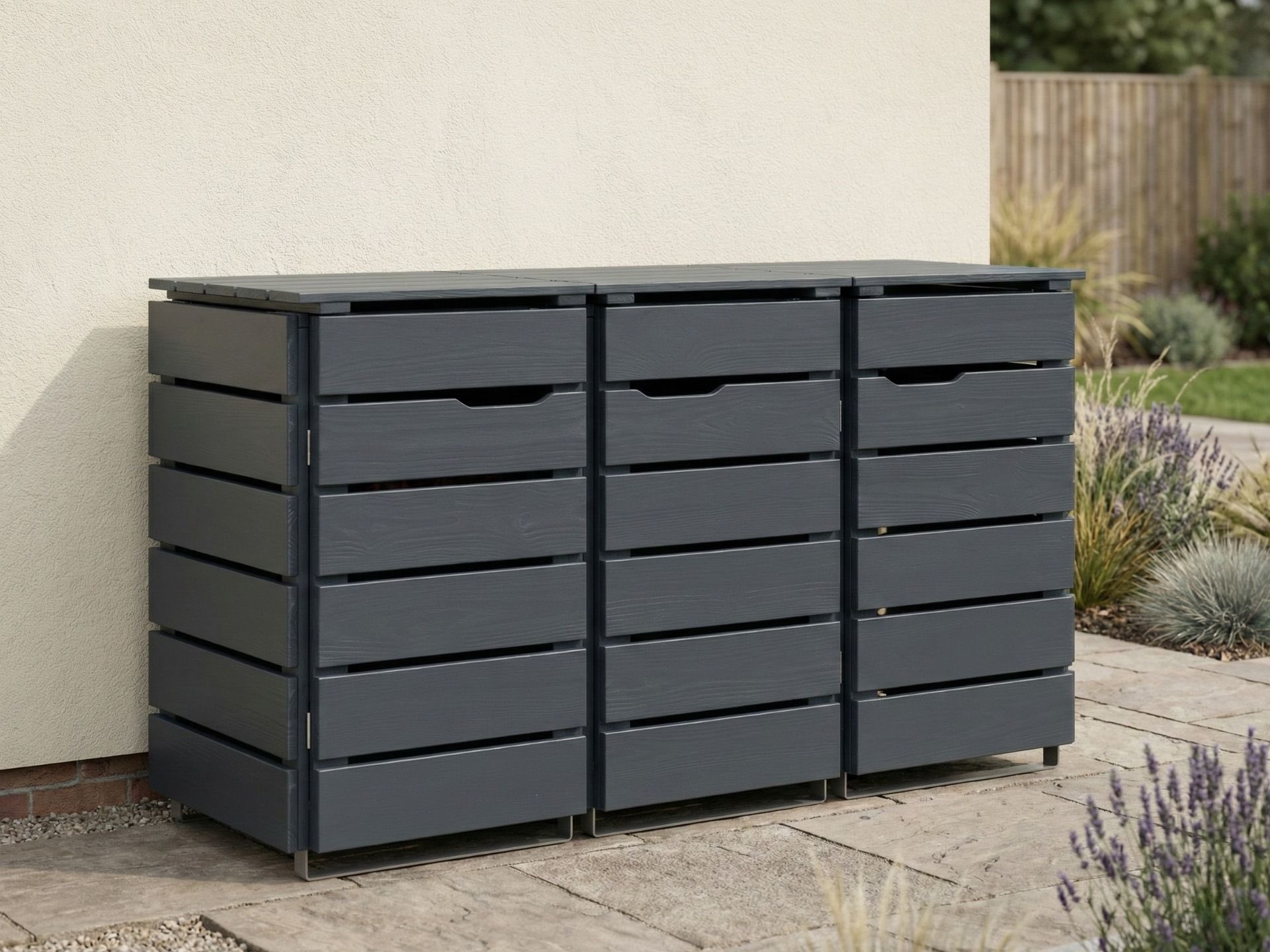 3er Mülltonnenbox in Anthrazit für kleine Mülltonnen als ordentliche Lösung für Vorgarten und Einfahrt.