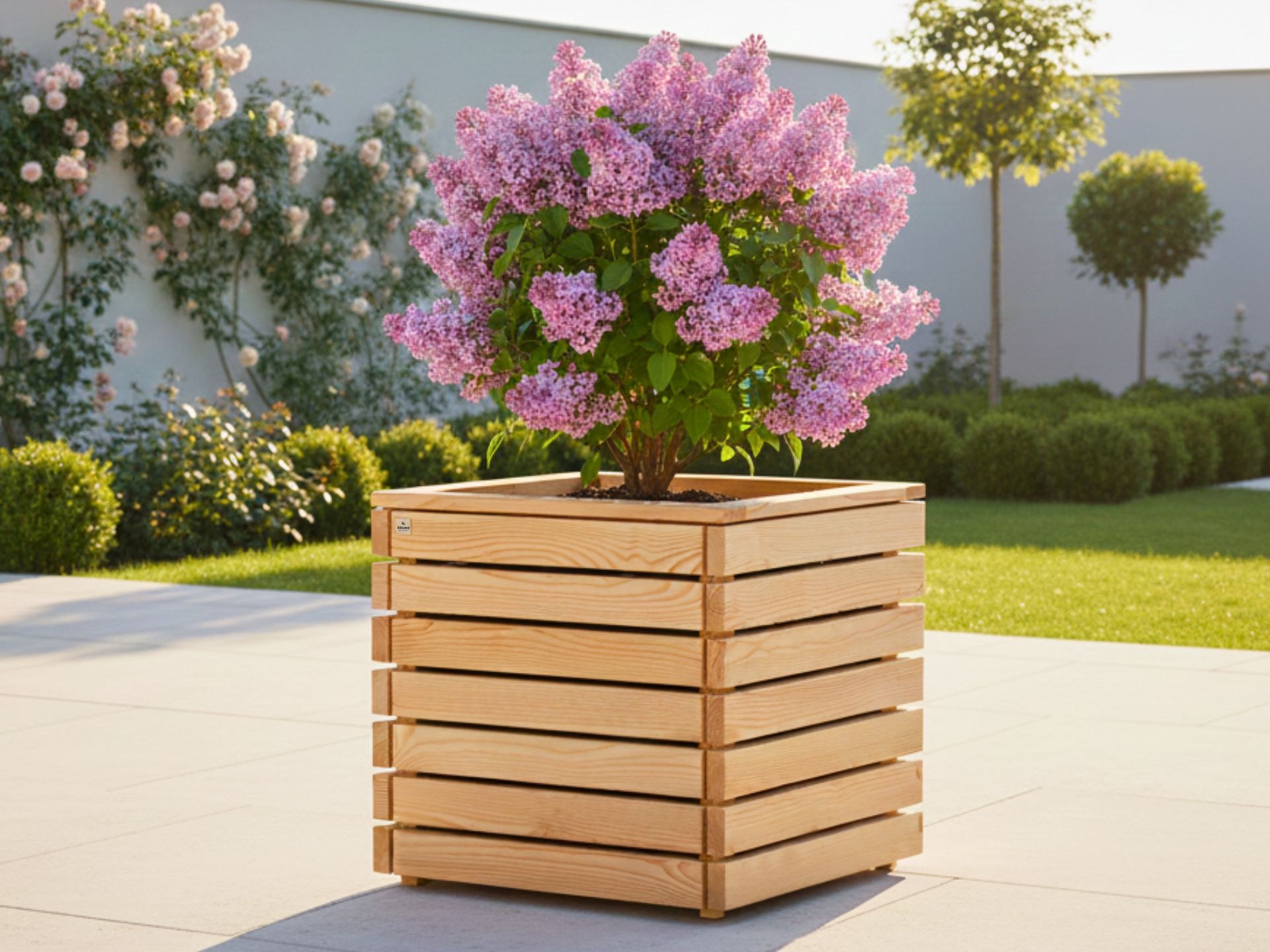 Großer Pflanzkübel aus Douglasie 80×80×87 cm, geeignet für große Stauden und Zierbäume wie Flieder.
