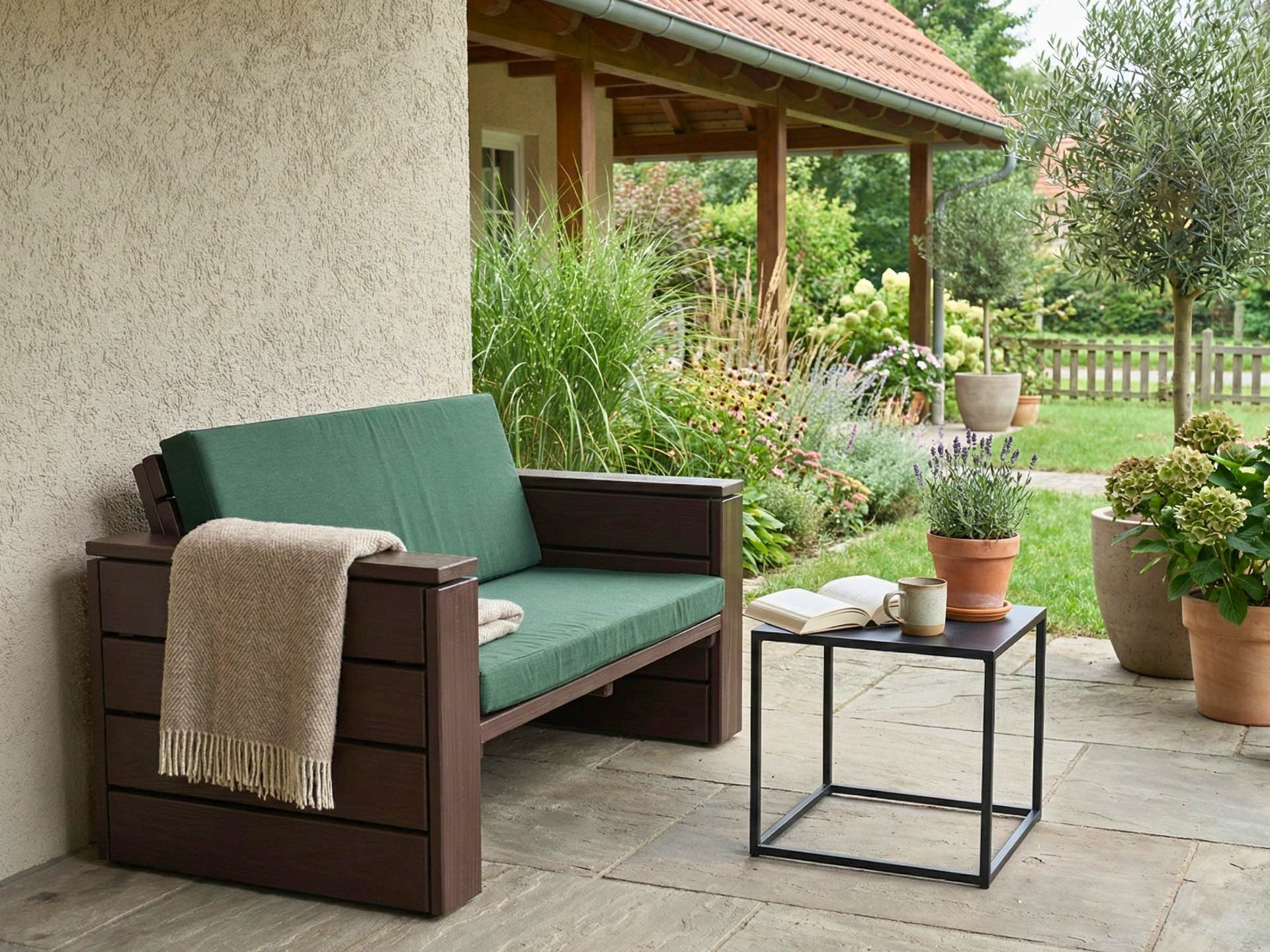 Lounge Sofa 2 Sitzer in Dunkelbraun mit dunkelgrünen Polstern auf gemütlicher Terrasse.