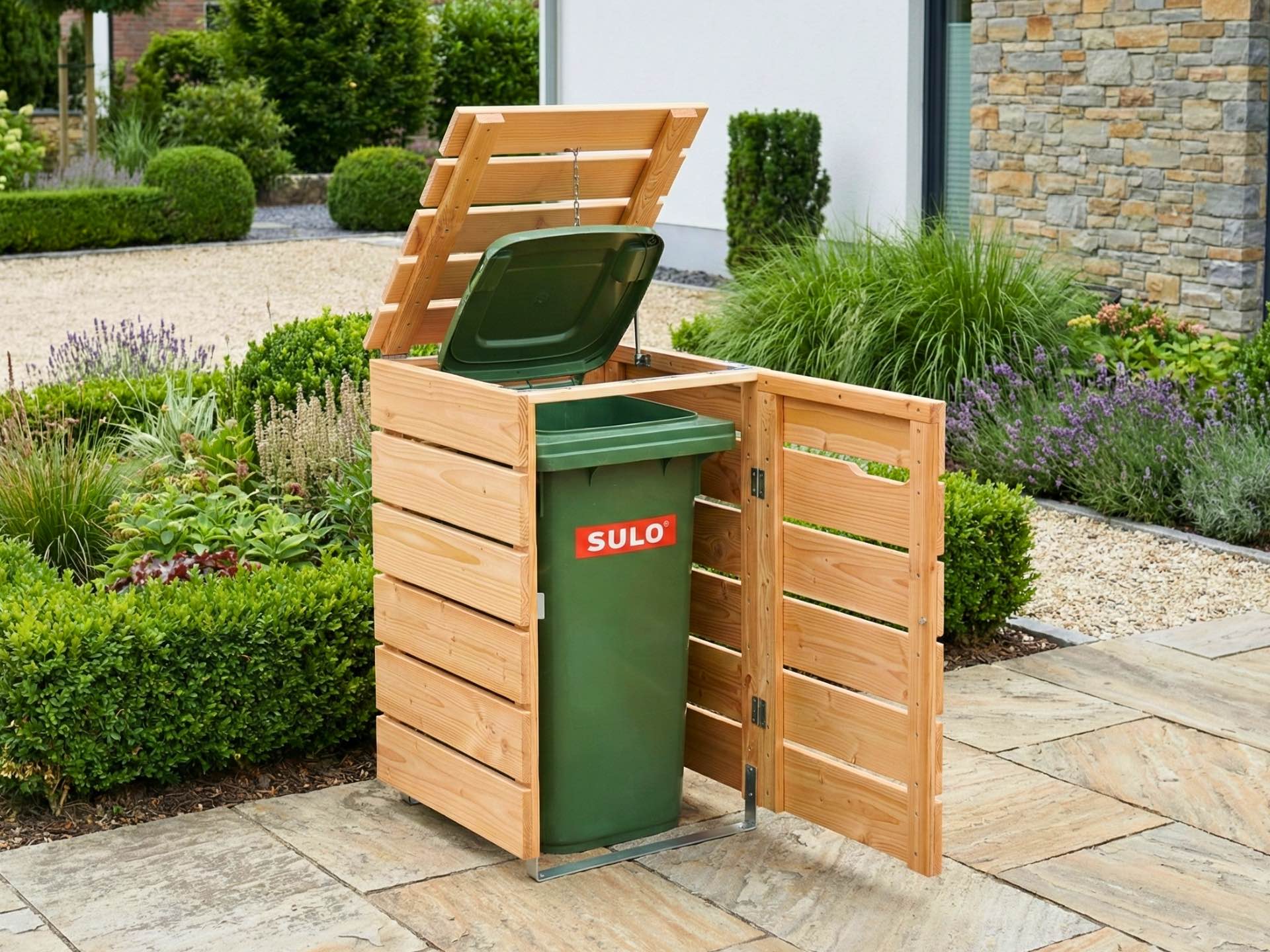 1er Mülltonnenbox 120 L in natur geölter Holzoptik zur dezenten und ordentlichen Unterbringung im Außenbereich.