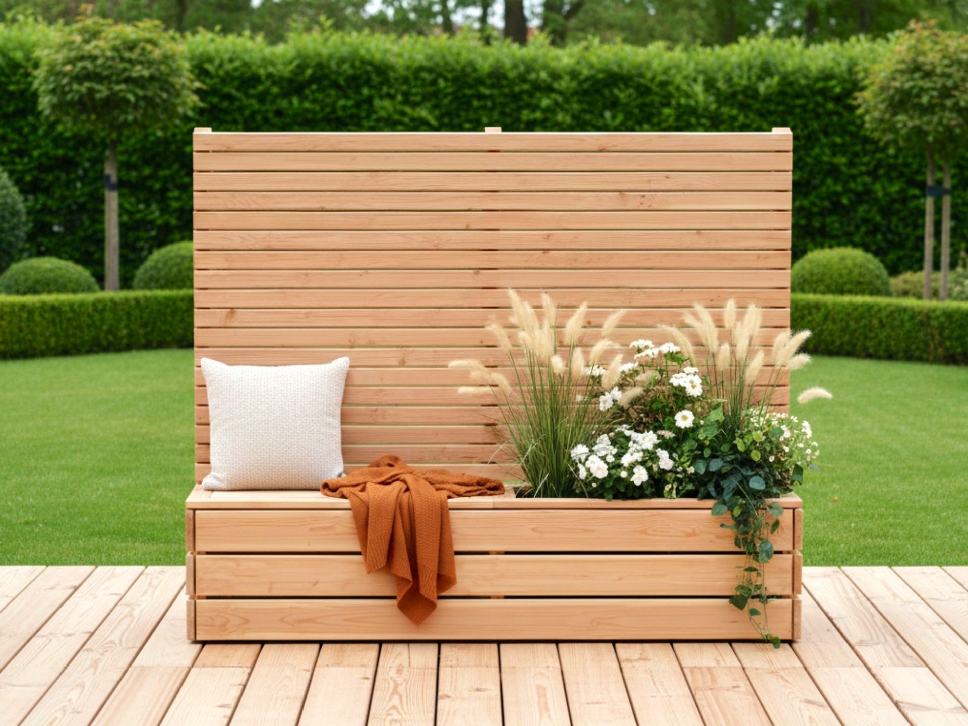 Sichtschutz aus Douglasie mit integrierter Sitzbank und Pflanzkasten, natürliche Kombination für Garten oder Terrasse.