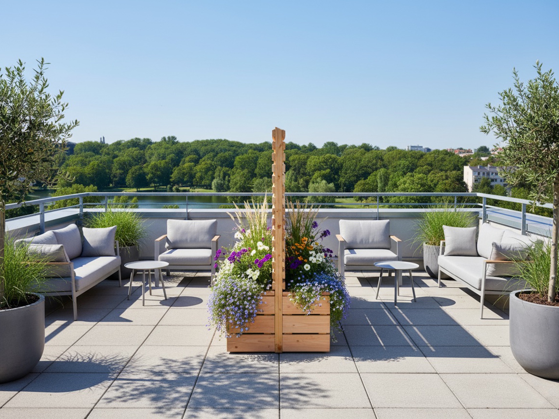 Seitenansicht der bepflanzten Pflanzkästen mit Sichtschutz in Rhombus – trennt zwei Dachterrassen mit üppigem Grün