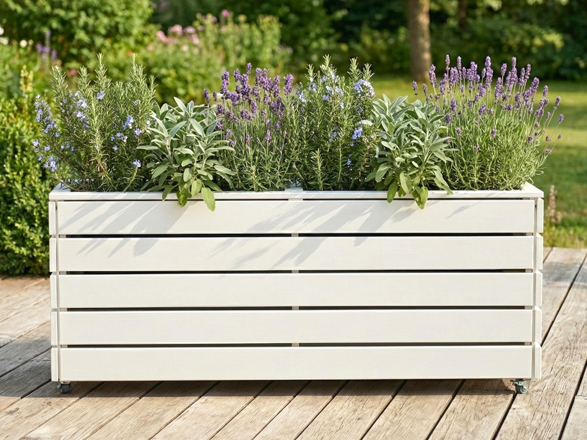 Pflanzkasten Classic 2L in Reinweiß mit hoher Bepflanzung als mobiler, natürlicher Sichtschutz auf Terrasse oder Balkon.