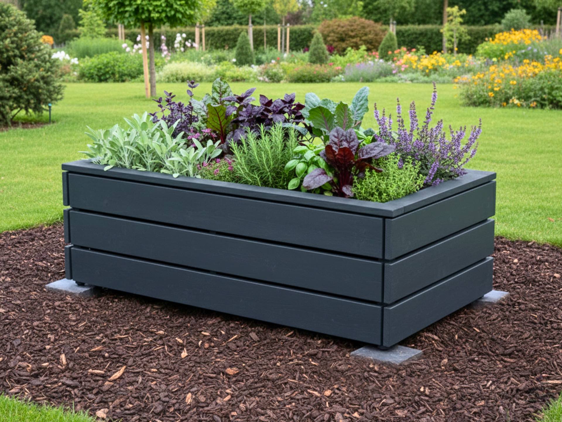 Hochbeet Classic 150×85×51 cm in Anthrazit aus Douglasie, wetterfest und inklusive passgenauer Pflanzfolie geliefert.