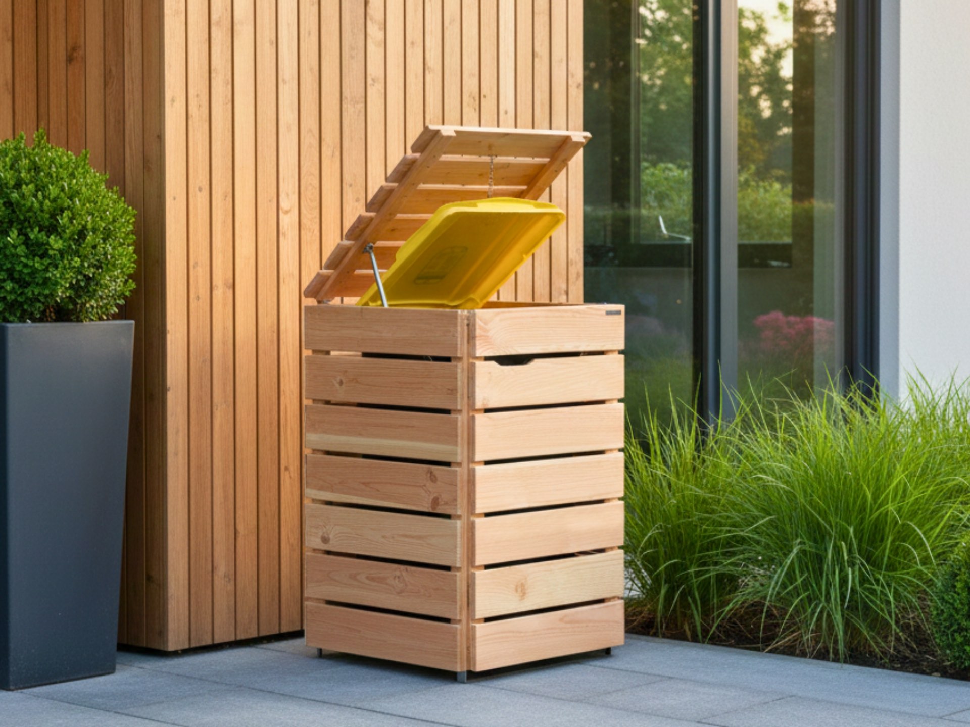 1er Mülltonnenbox 240 L aus wetterfester Douglasie, fertig montiert geliefert, natürliche Verkleidung für Außenbereiche.