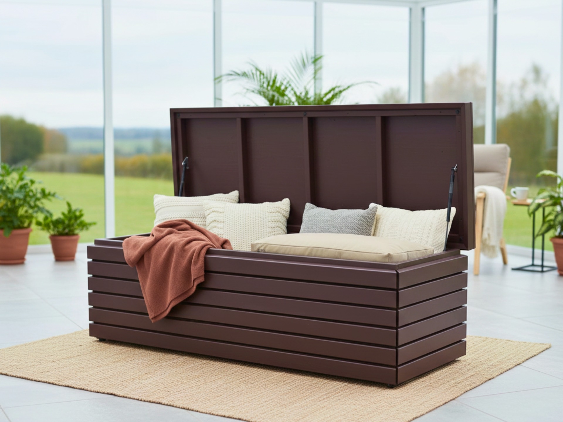 Sitztruhe Rhombus 160 in Dunkelbraun mit Stauraum, geeignet für Wohnräume sowie überdachte Balkone und Terrassen.