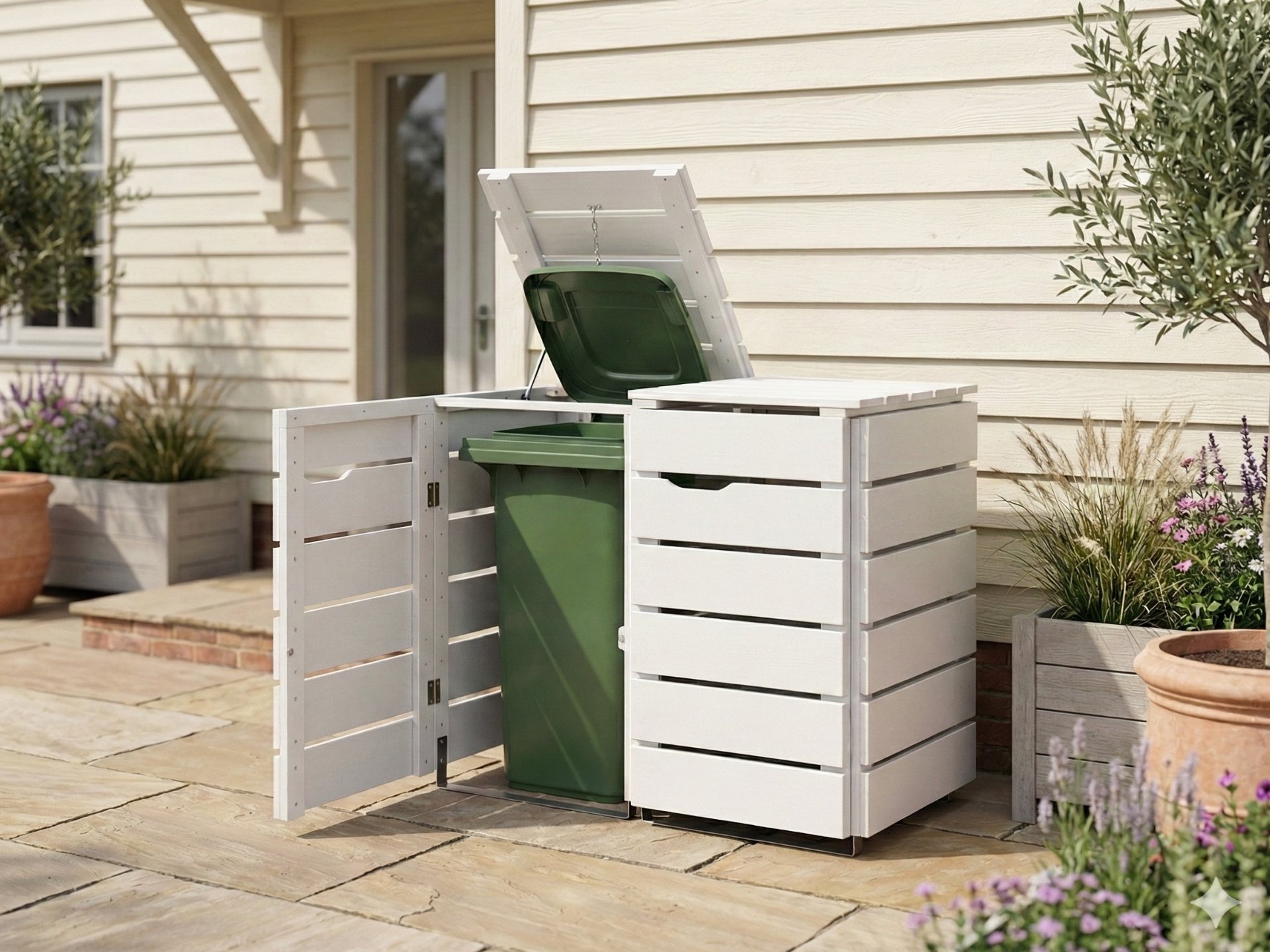 Weiße 2er Mülltonnenbox 120 L für kleine Mülltonnen oder als praktischer Aufbewahrungsschrank im Außenbereich.
